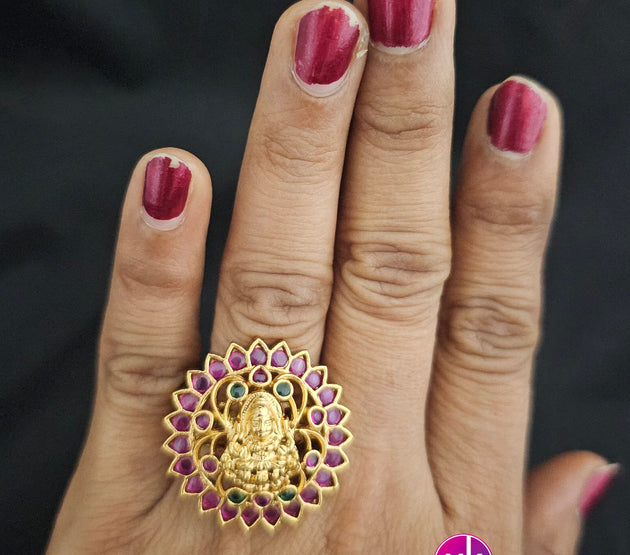 Lakshmi Premium Quality Gold finish Kemp stone Finger Ring (Adjustable)/Bollywood Ring