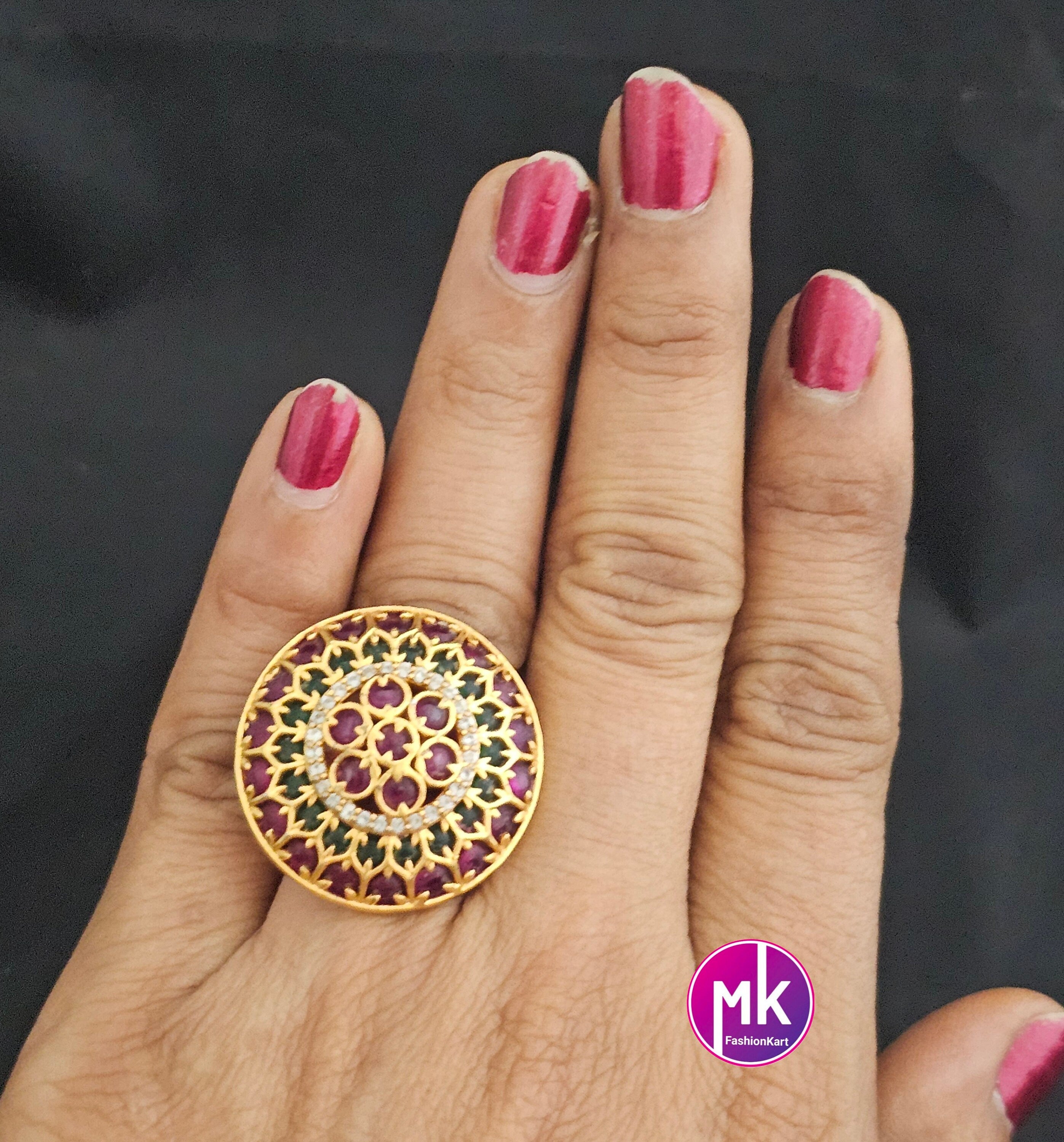 Silver Finish premium quality AD stones Lite Teel Green Finger Ring (Adjustable)/Bollywood Ring