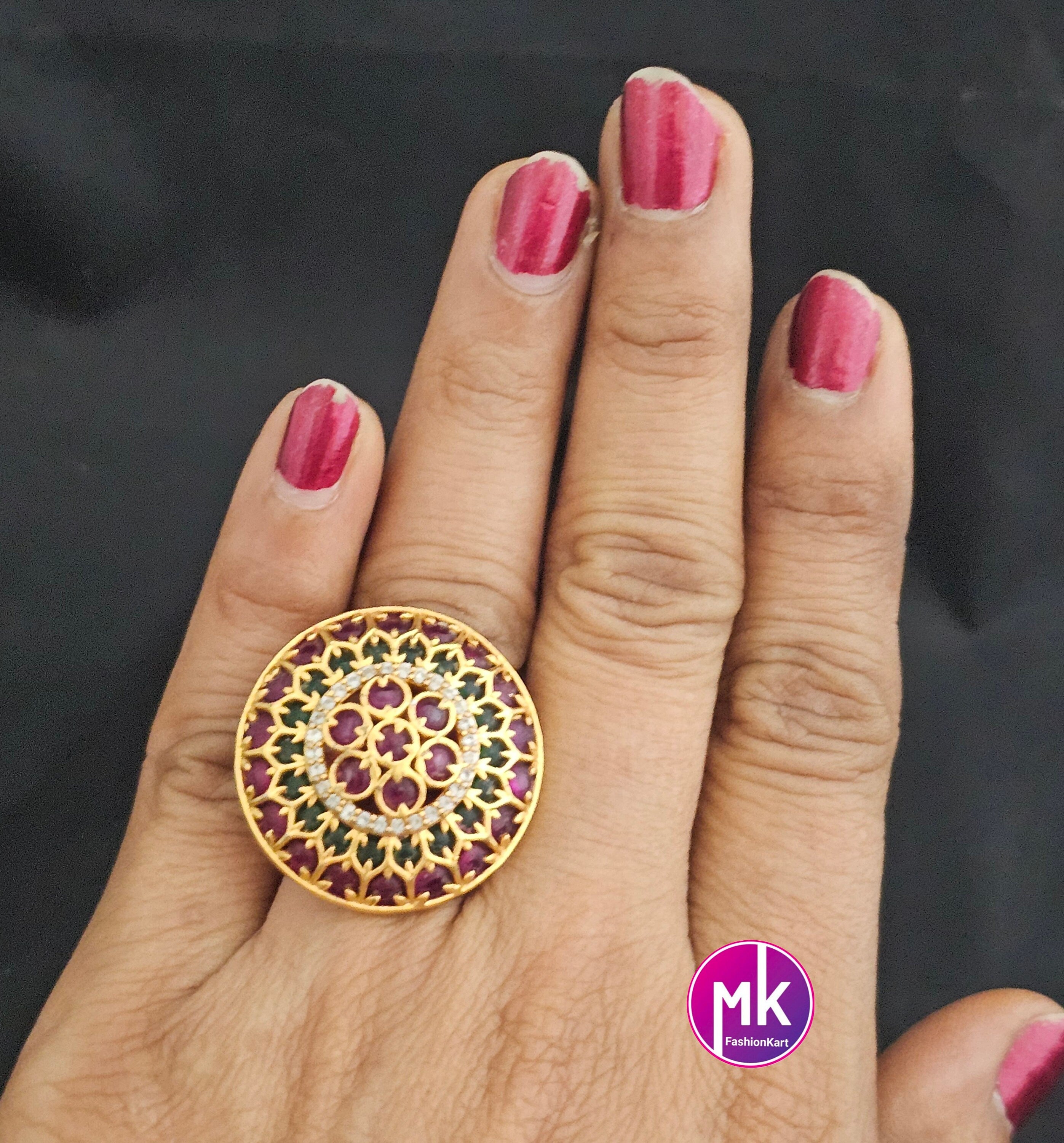 Premium Flower design matte gold finish Kemp stone Finger Ring (Adjustable)/Bollywood Ring