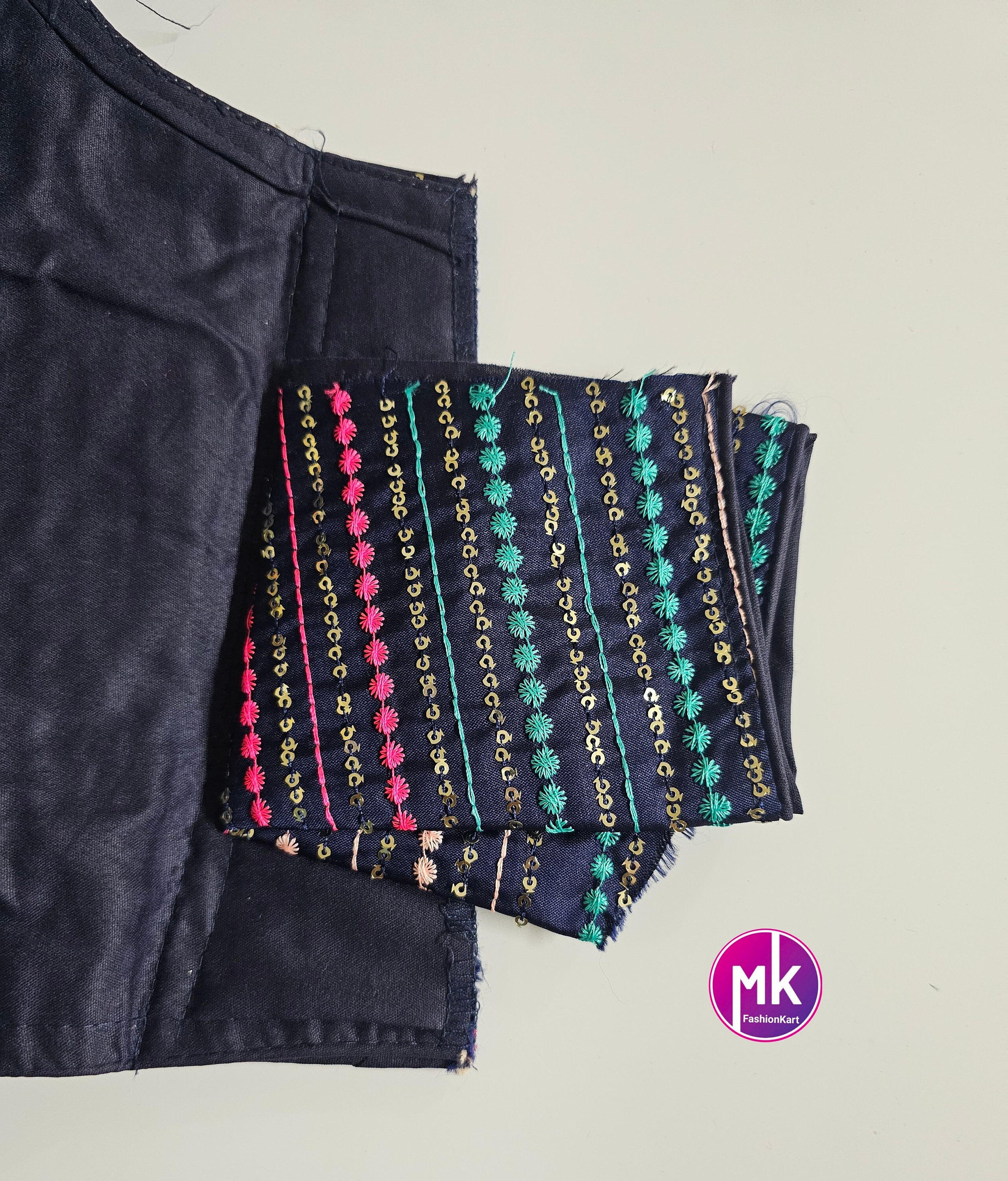 Readymade Saree Blouse - Dark blue with multi-color embroidered and sequence work blouse - Princess cut padded - size 38" (Upto 42")
