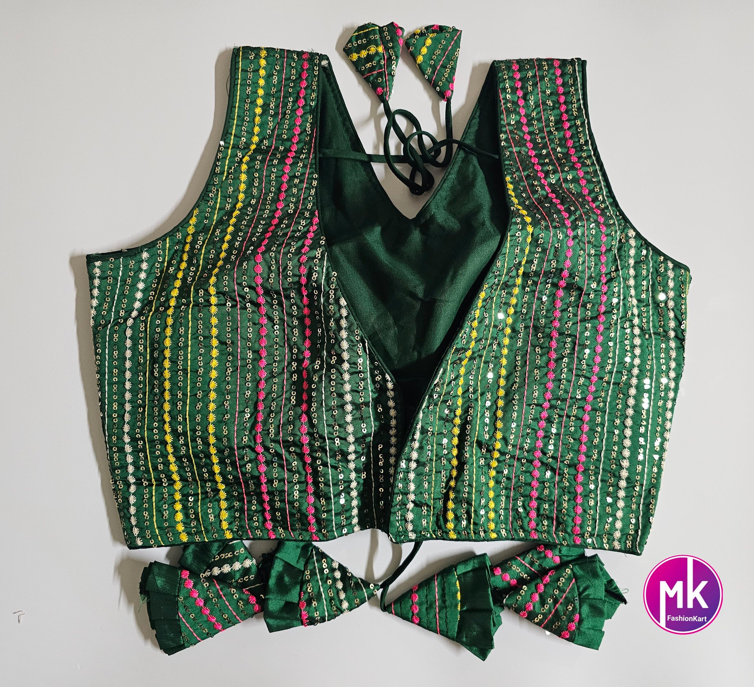 Readymade Saree Blouse - Green with multi-color embroidered and sequence work blouse - Princess cut padded - size 38" (Upto 40")