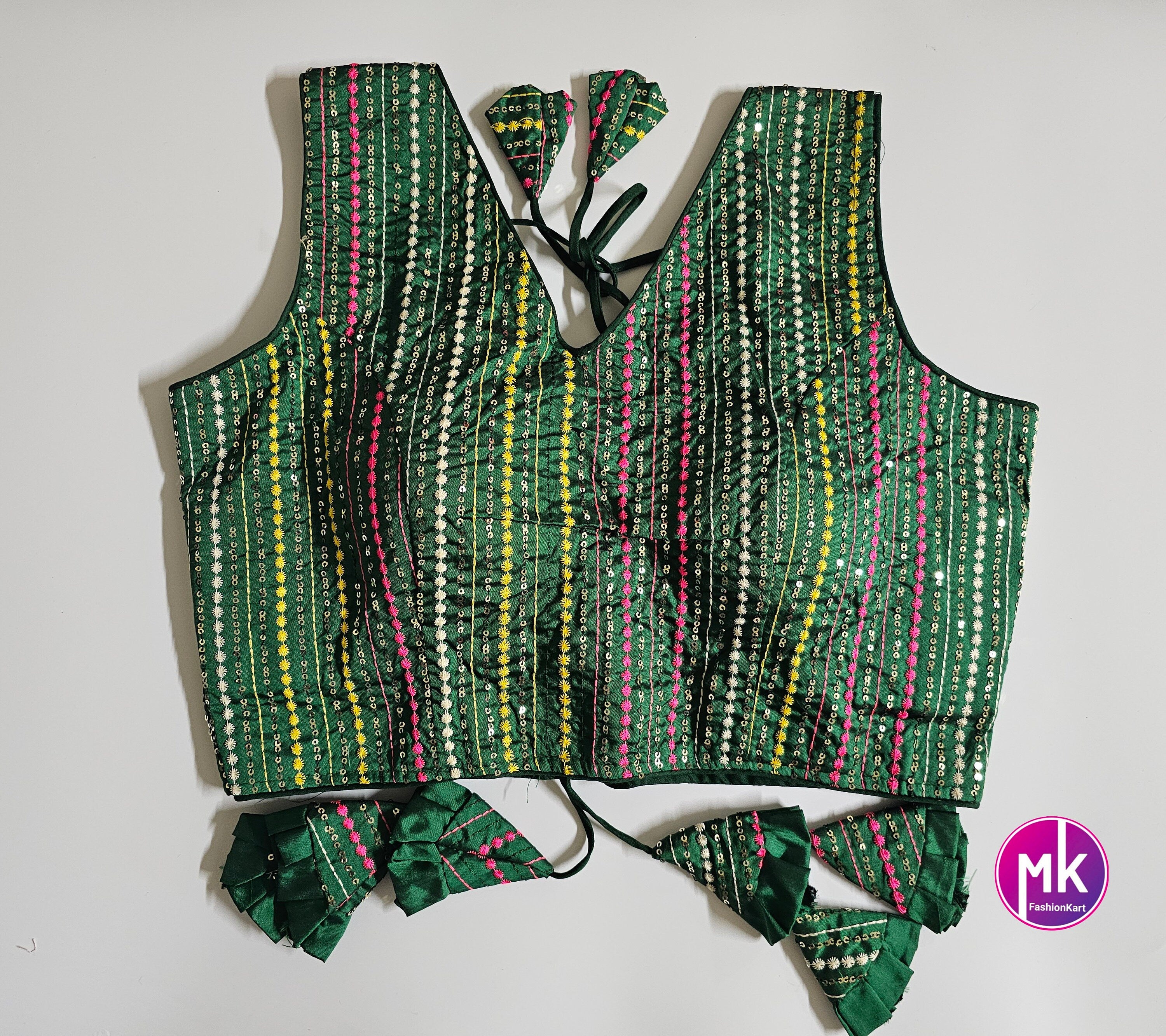 Readymade Saree Blouse - Green with multi-color embroidered and sequence work blouse - Princess cut padded - size 38" (Upto 40")