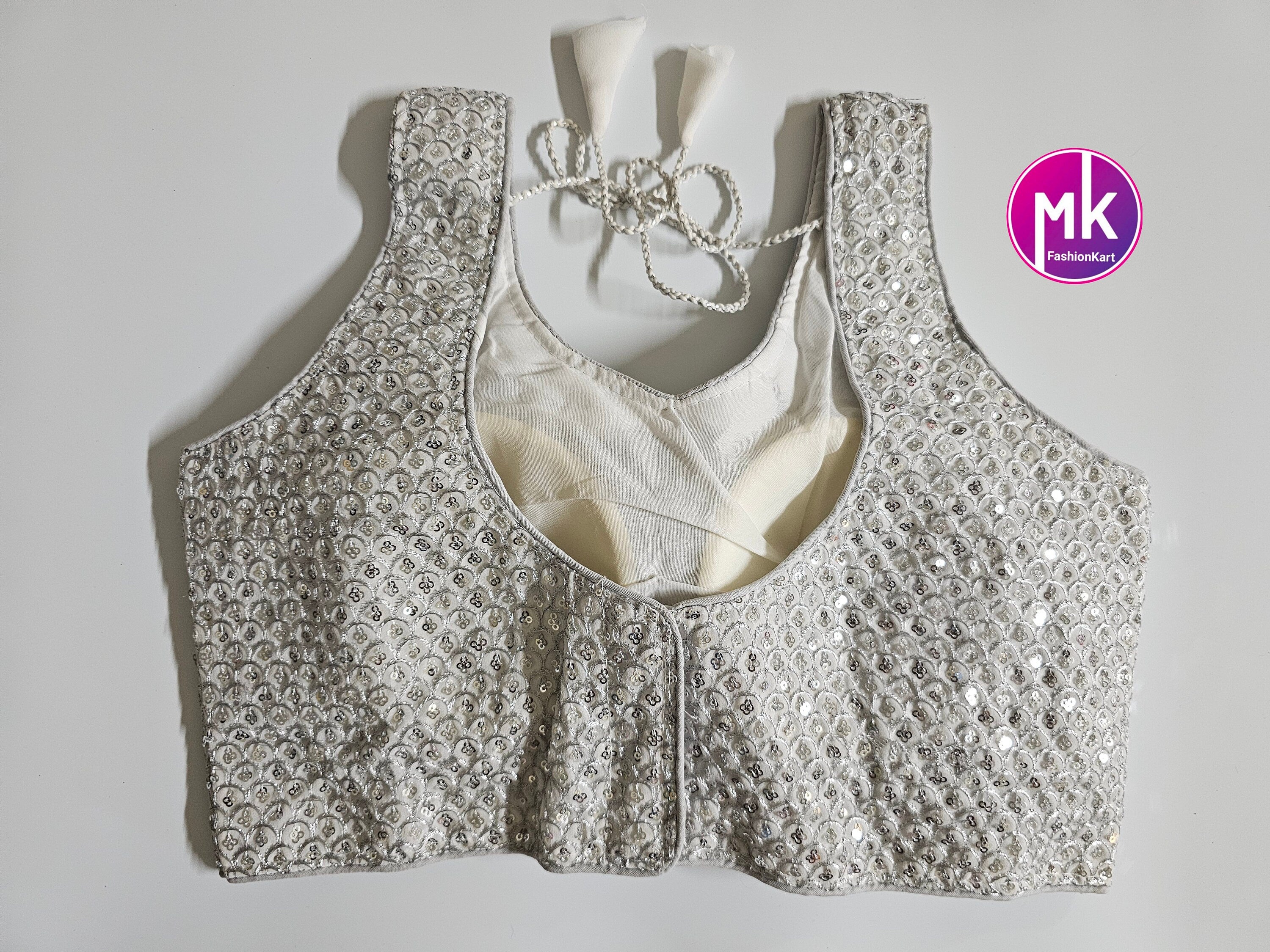 Readymade Saree Blouse - Sleeveless blouse - Silver Color blouse with sequence work - Princess cut padded - size 34" (Upto 36")