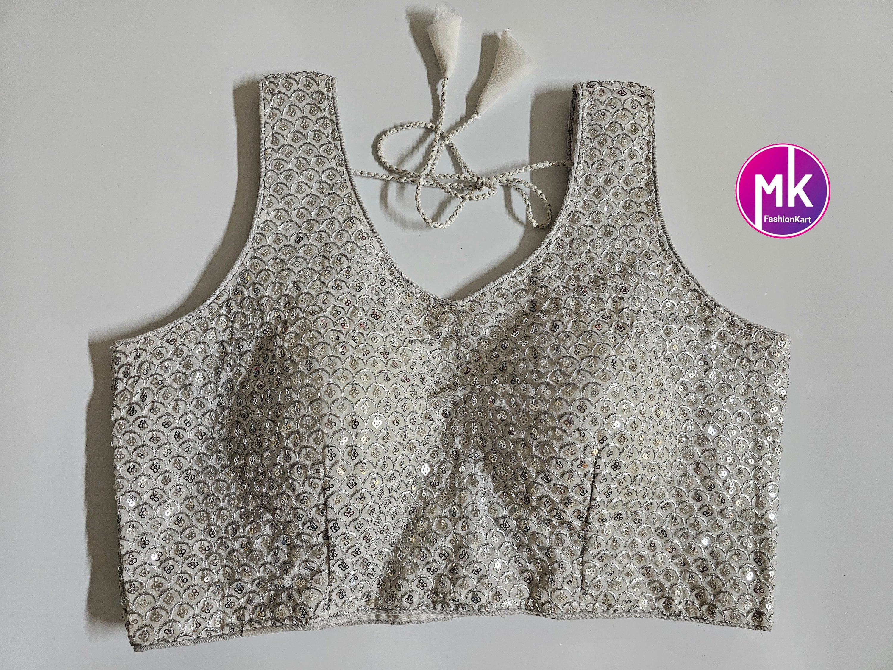 Readymade Saree Blouse - Sleeveless blouse - Silver Color blouse with sequence work - Princess cut padded - size 34" (Upto 36")