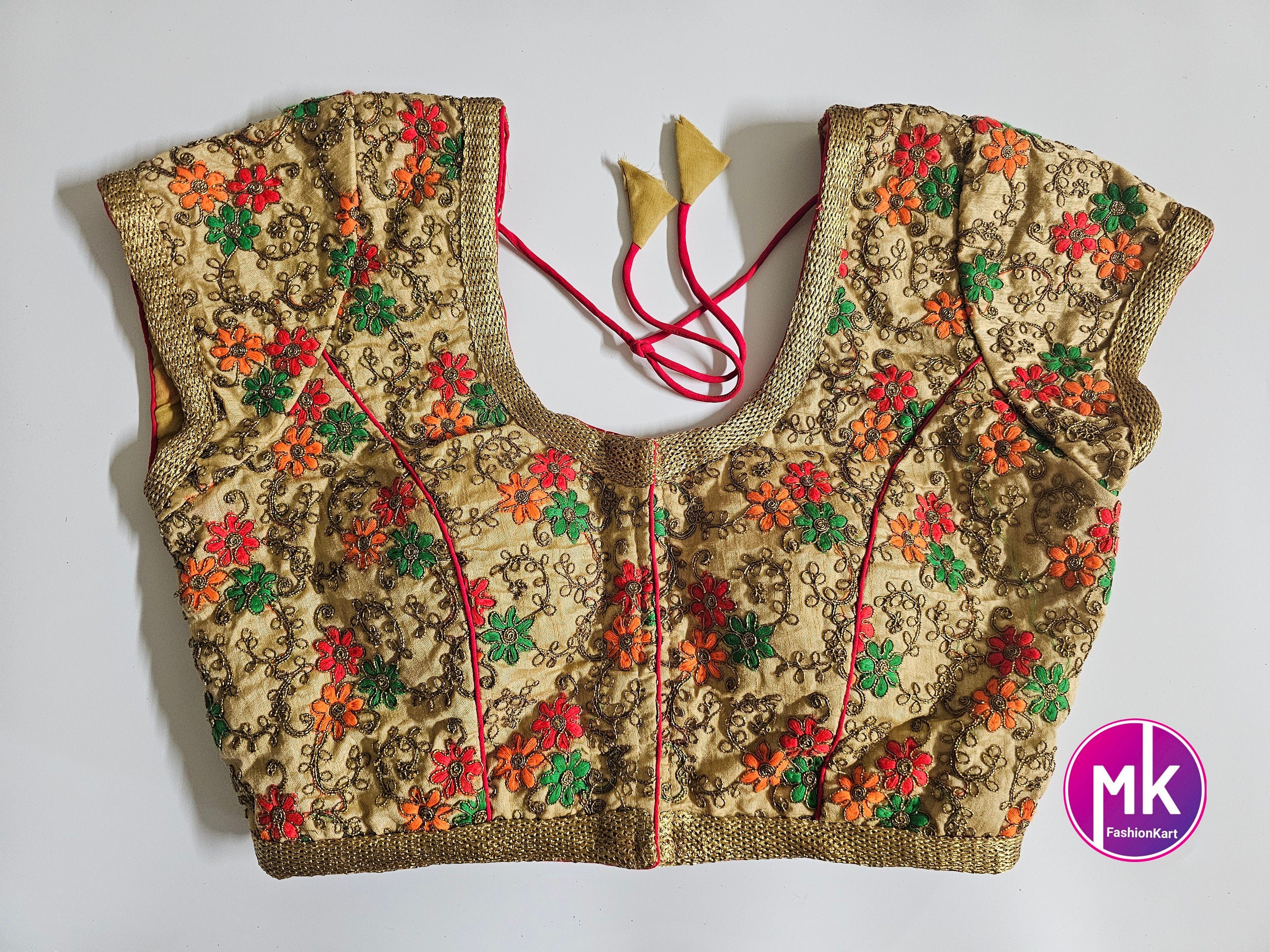 Readymade Saree Blouse - Cream color flower design multi-color embroidered Blouse - Princess cut padded - size 36" (Upto 38")
