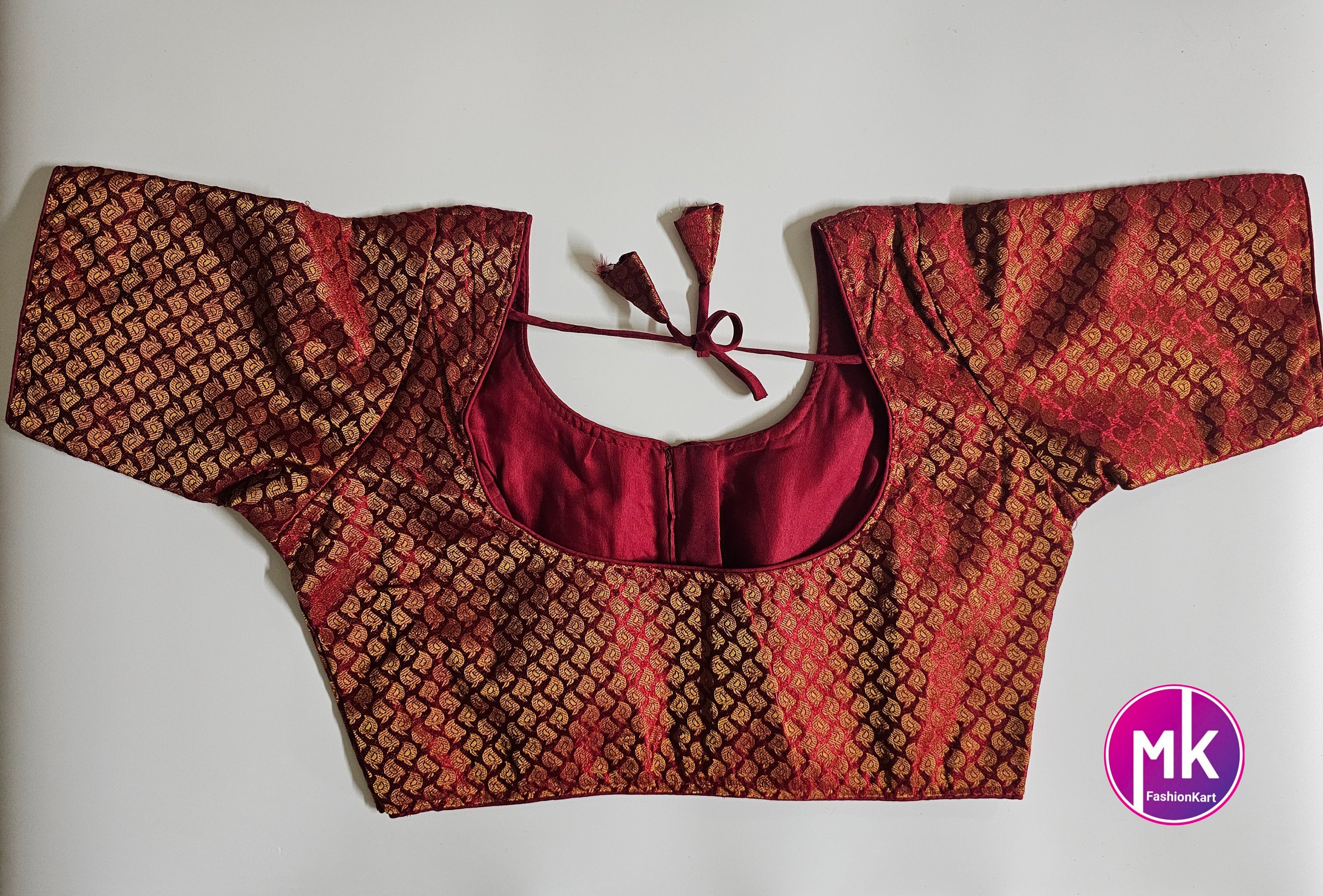 Readymade Saree Blouse - Maroon Color with golden design Blouse - Princess cut Blouse - Size 40" (Upto 42")