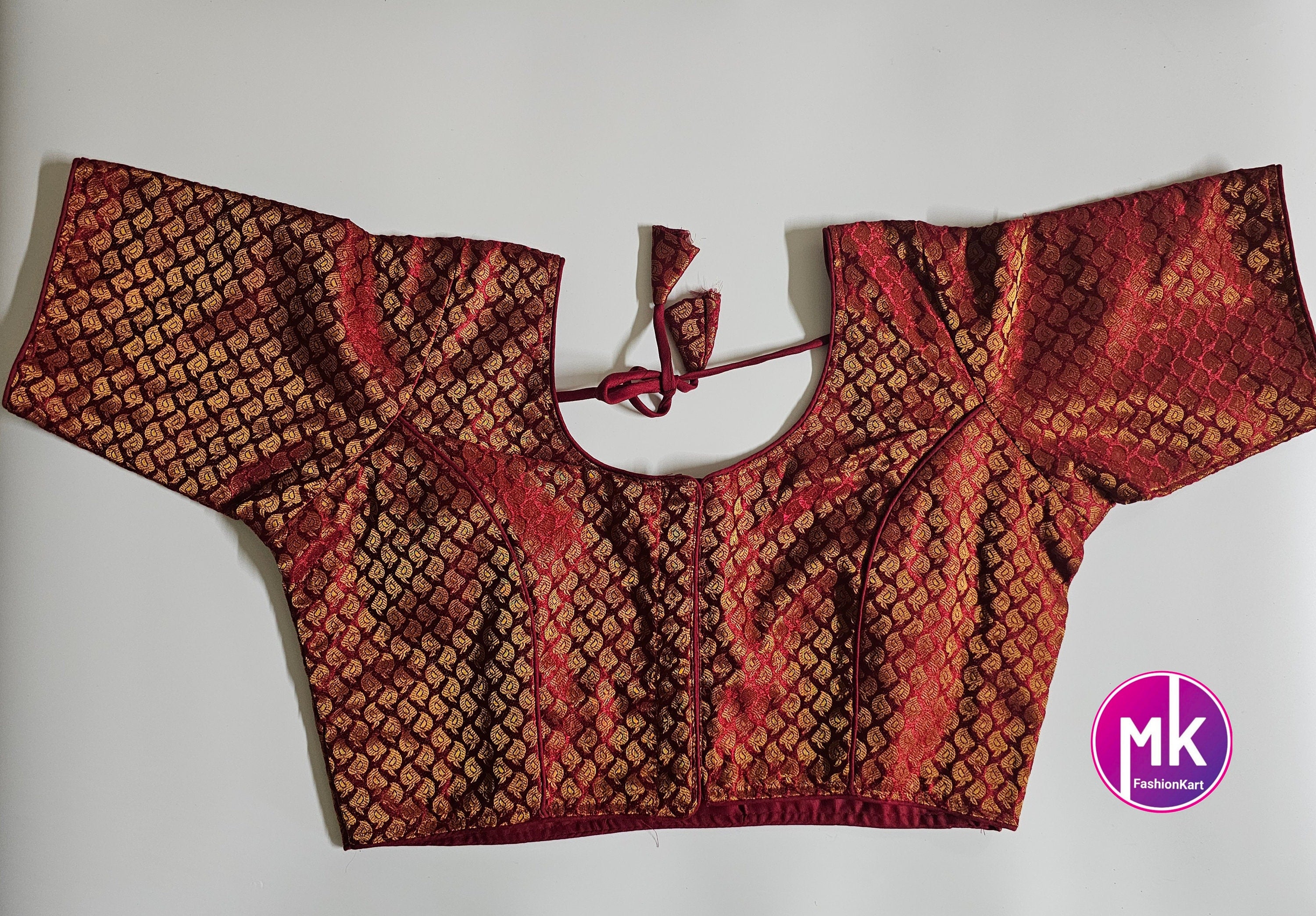 Readymade Saree Blouse - Maroon Color with golden design Blouse - Princess cut Blouse - Size 40" (Upto 42")