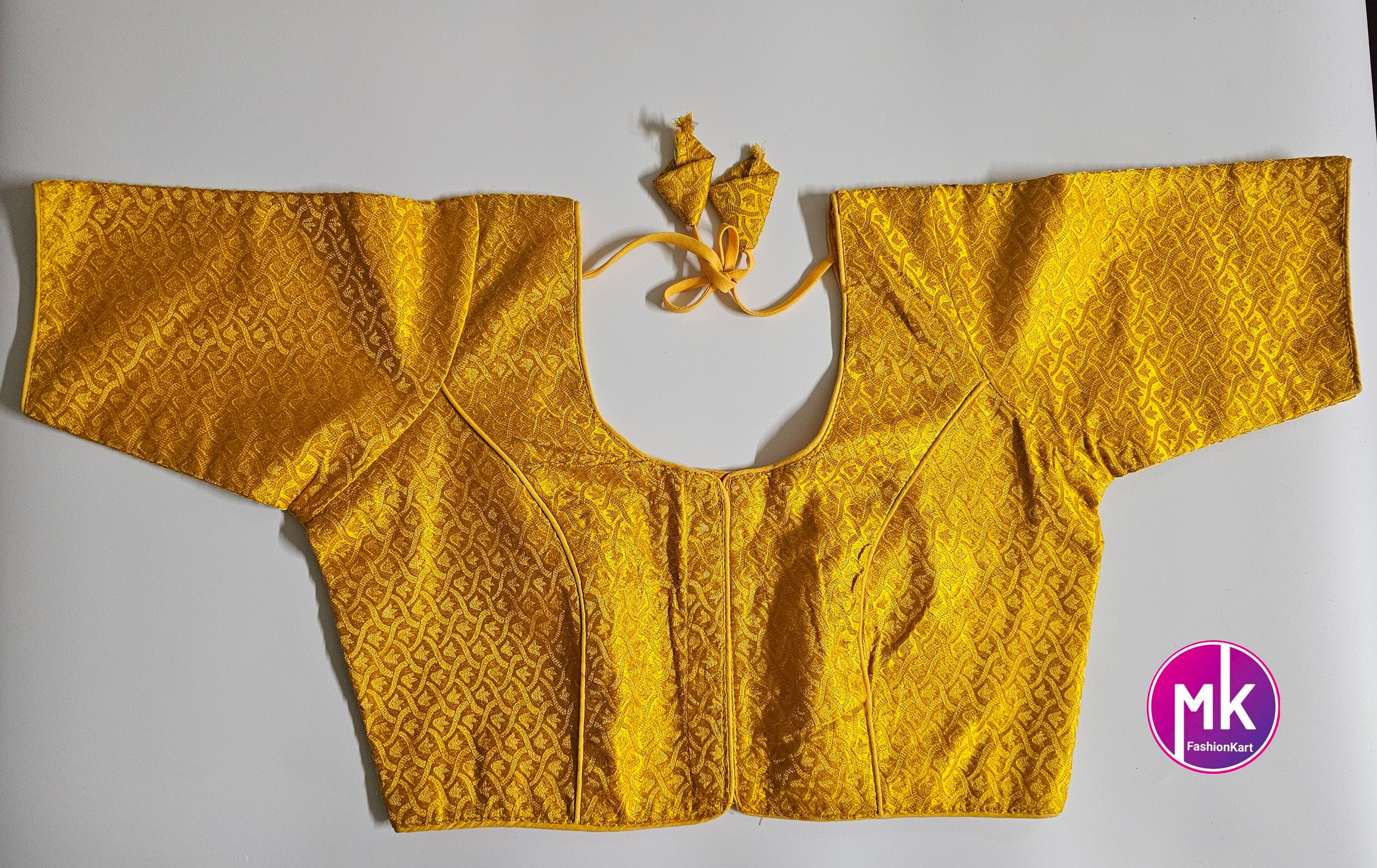 Readymade Saree Blouse - Yellow Color with golden design Blouse - Princess cut Blouse - Size 38" (Upto 40")