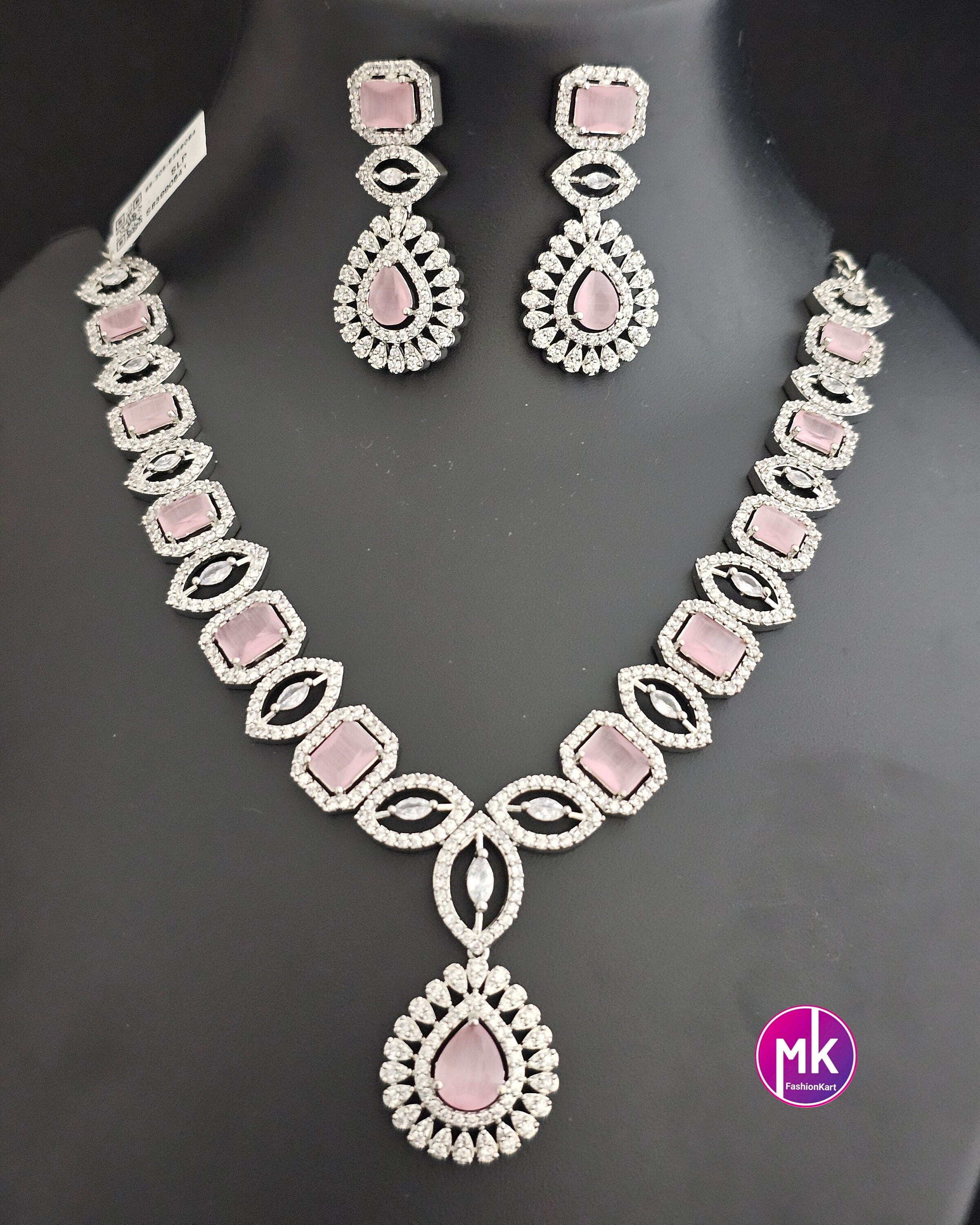 American Diamond Silver Finish CZ/AD Stone Baby pink Necklace with Earrings - Prom Necklace -  Diamond Jewelry Replica