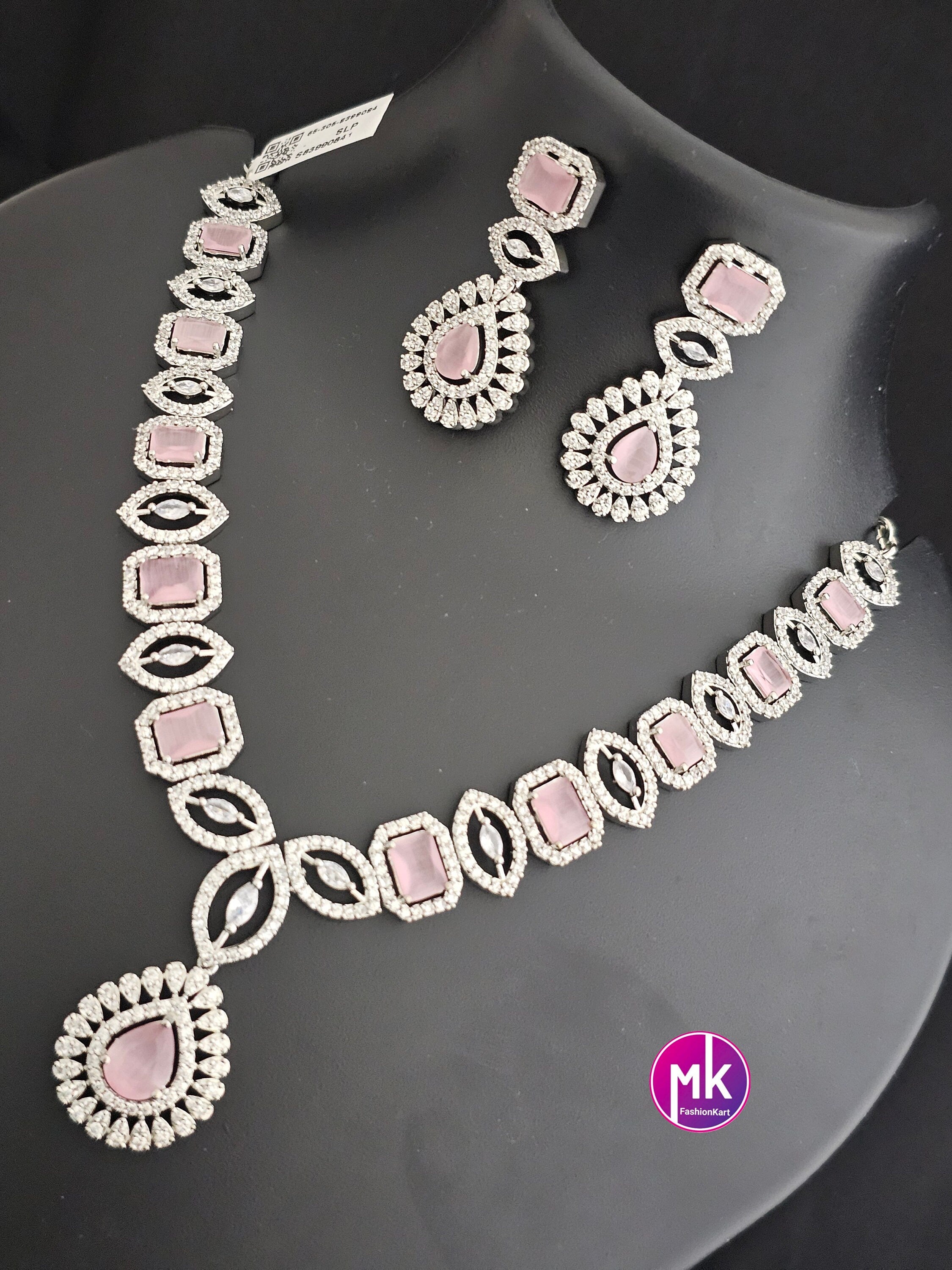American Diamond Silver Finish CZ/AD Stone Baby pink Necklace with Earrings - Prom Necklace -  Diamond Jewelry Replica