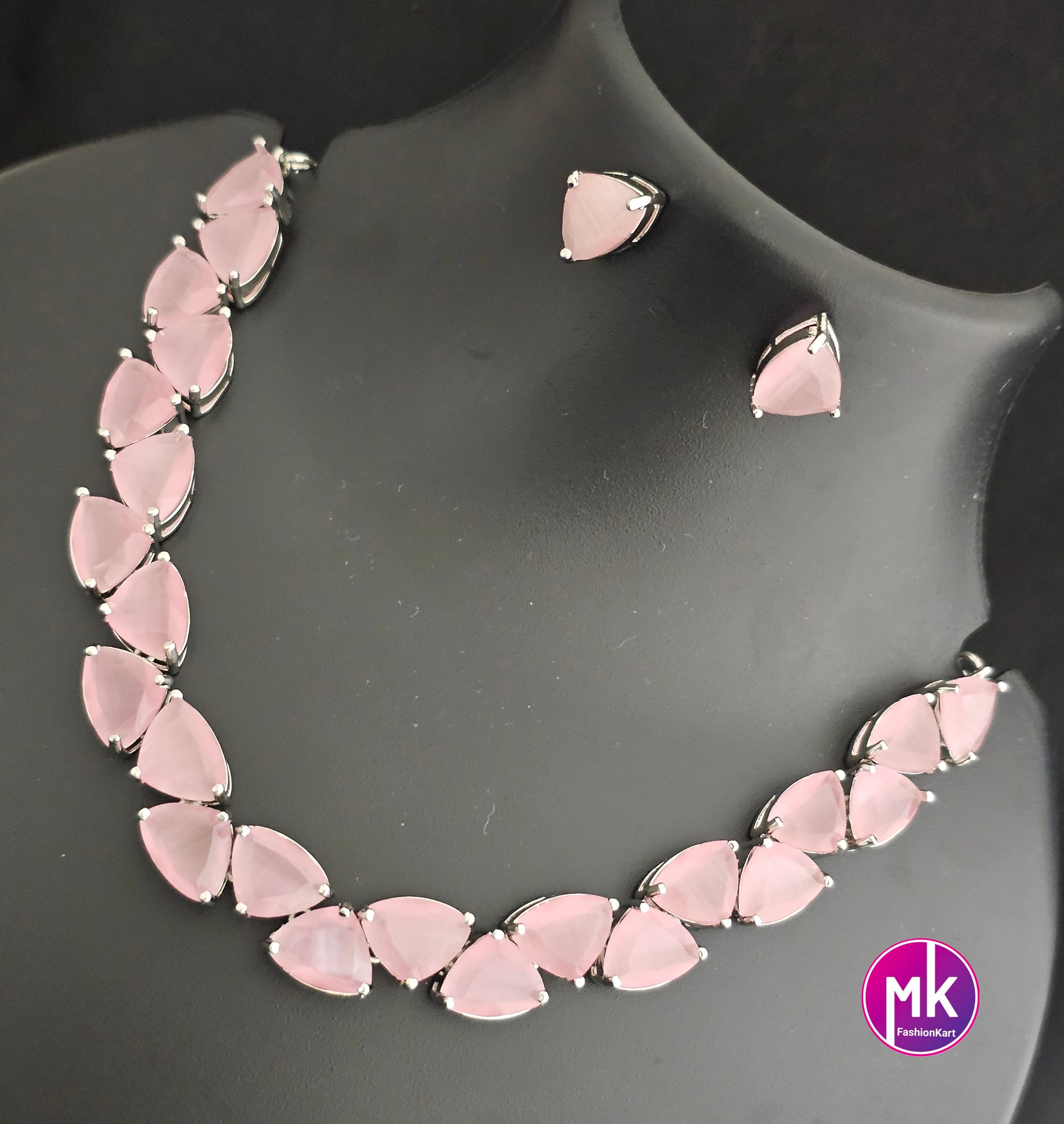 American Diamond Silver Finish AD Stone Baby pink Necklace with Earrings - Prom Necklace -  Diamond Jewelry Replica