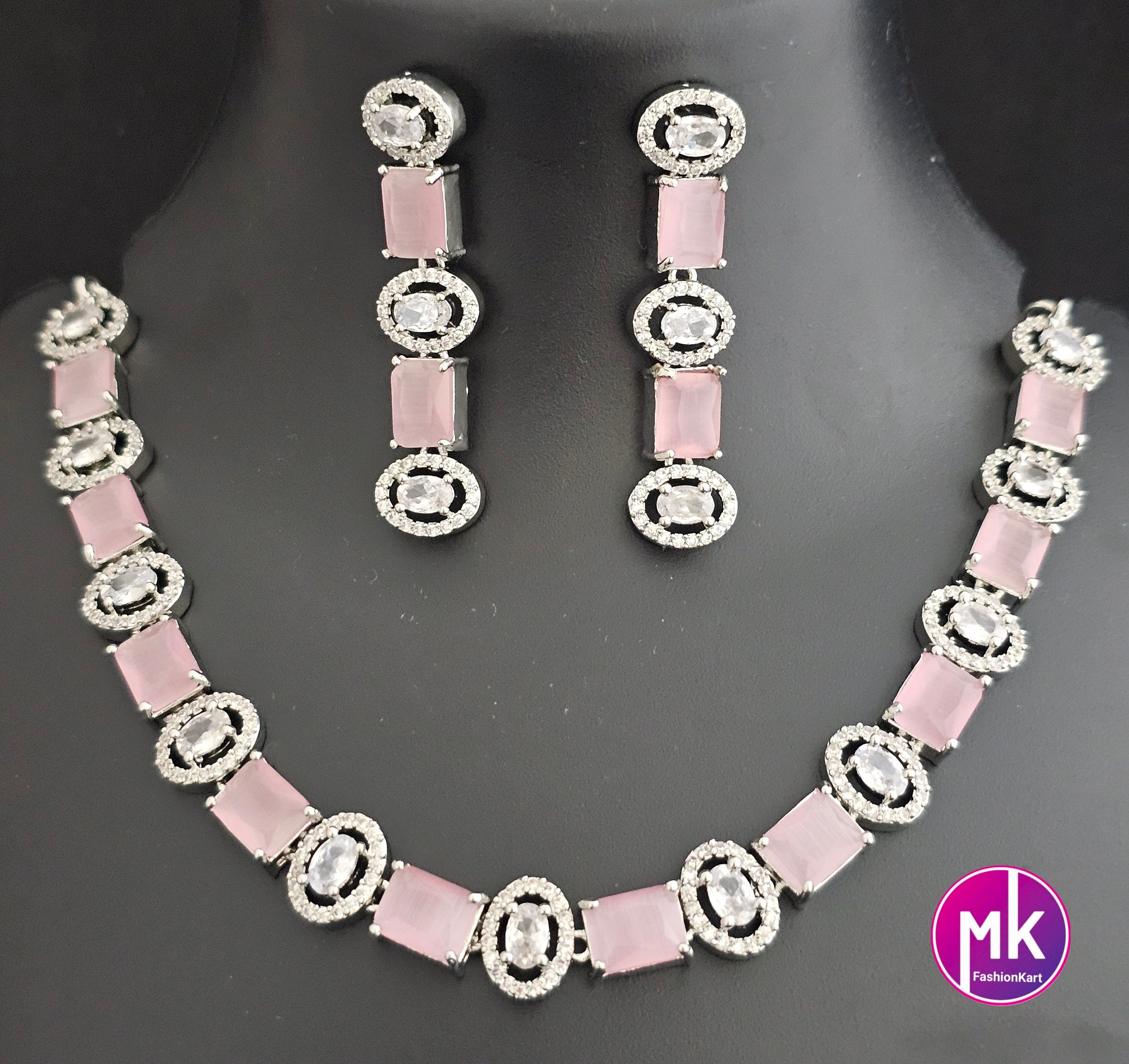 American Diamond Silver Finish CZ/AD Stone Baby pink Necklace with Earrings - Prom Necklace -  Diamond Jewelry Replica