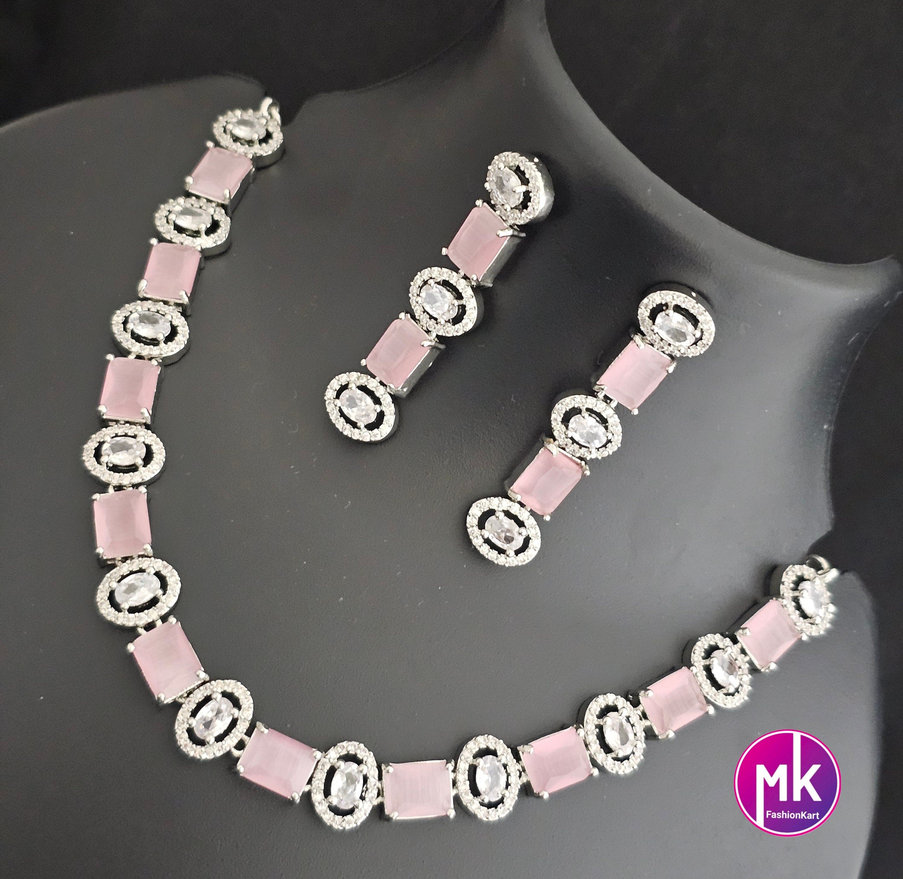 American Diamond Silver Finish CZ/AD Stone Baby pink Necklace with Earrings - Prom Necklace -  Diamond Jewelry Replica
