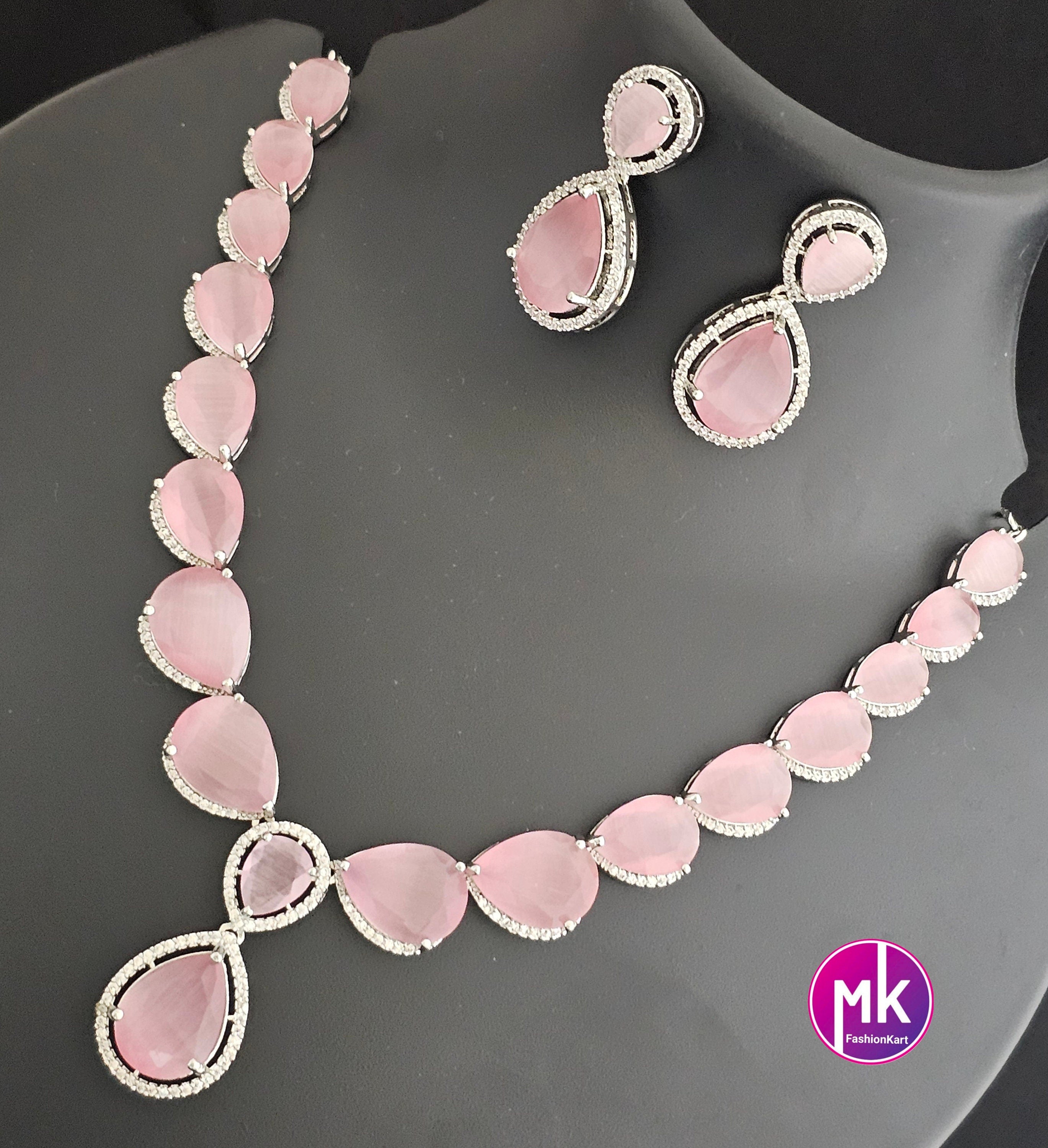 American Diamond Silver Finish AD Stone Baby pink Necklace with Earrings - Prom Necklace -  Diamond Jewelry Replica