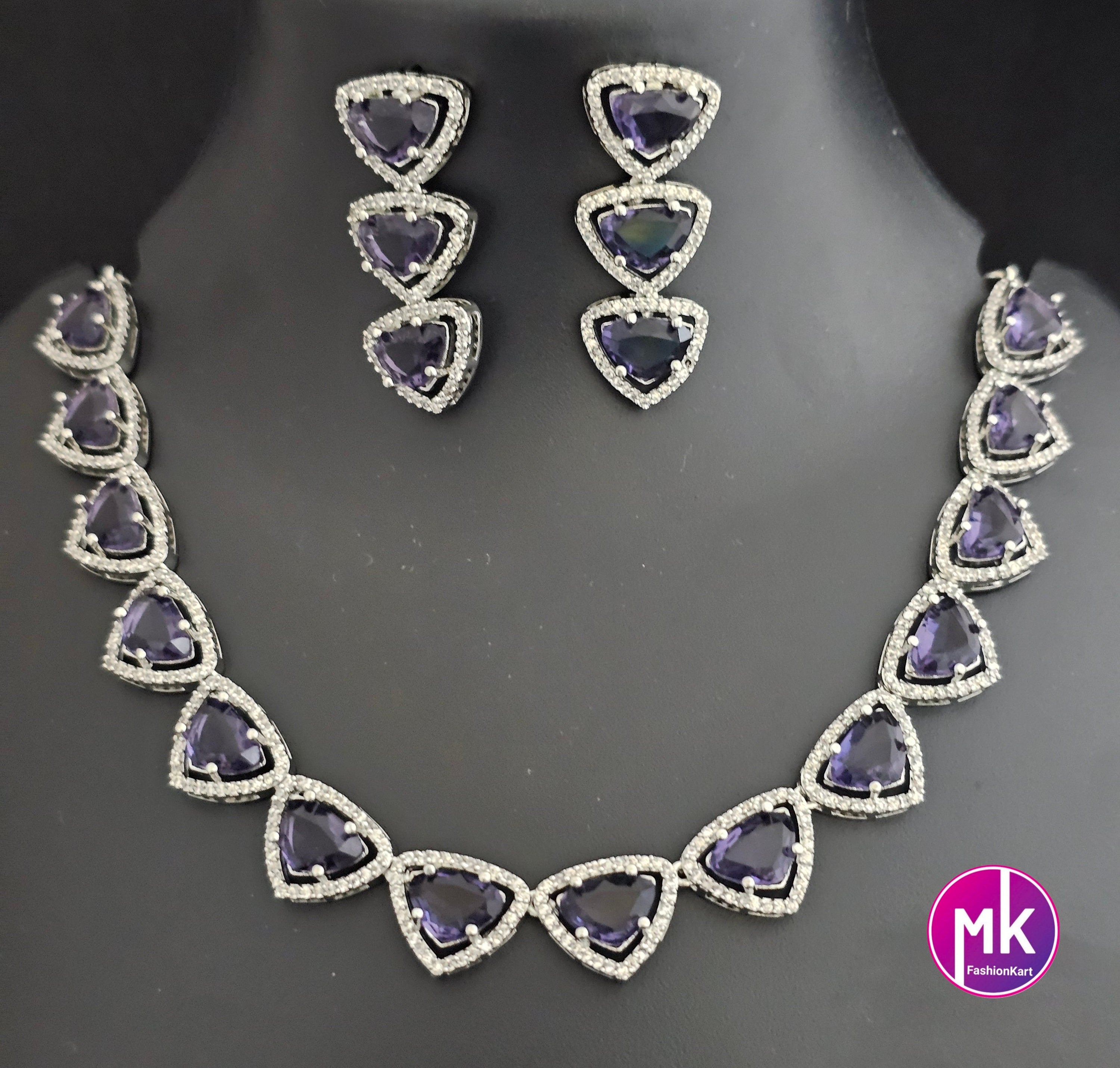 American Diamond Silver Finish AD Stone Purple Necklace with matching Earrings - Prom Necklace -  Diamond Jewelry Replica