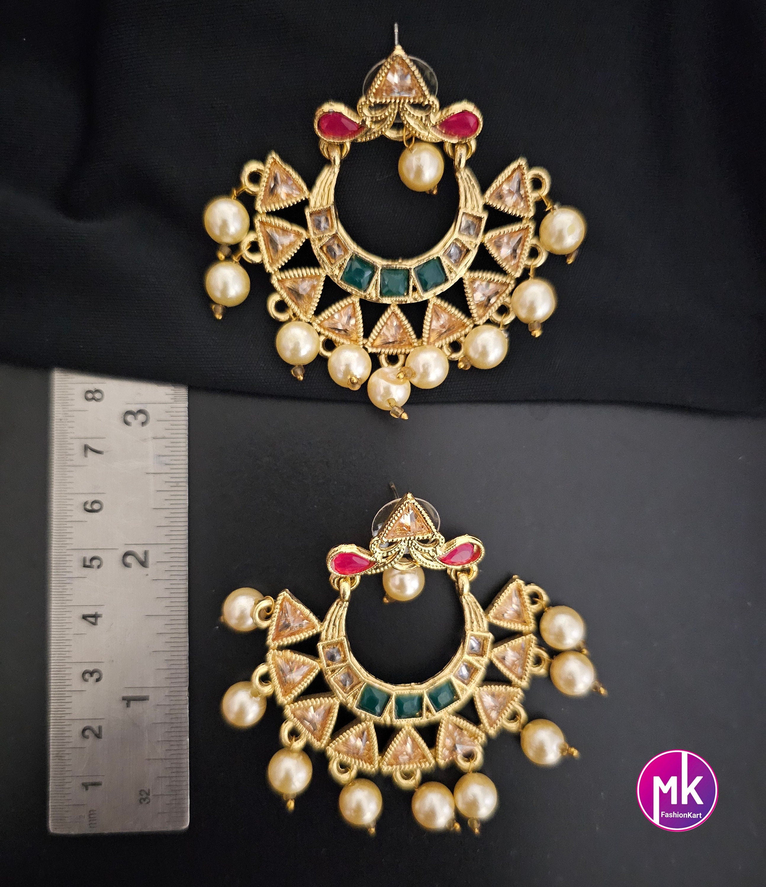 Premium Quality premium polish Gold finish Bollywood Big Chandbali with pearl hangings