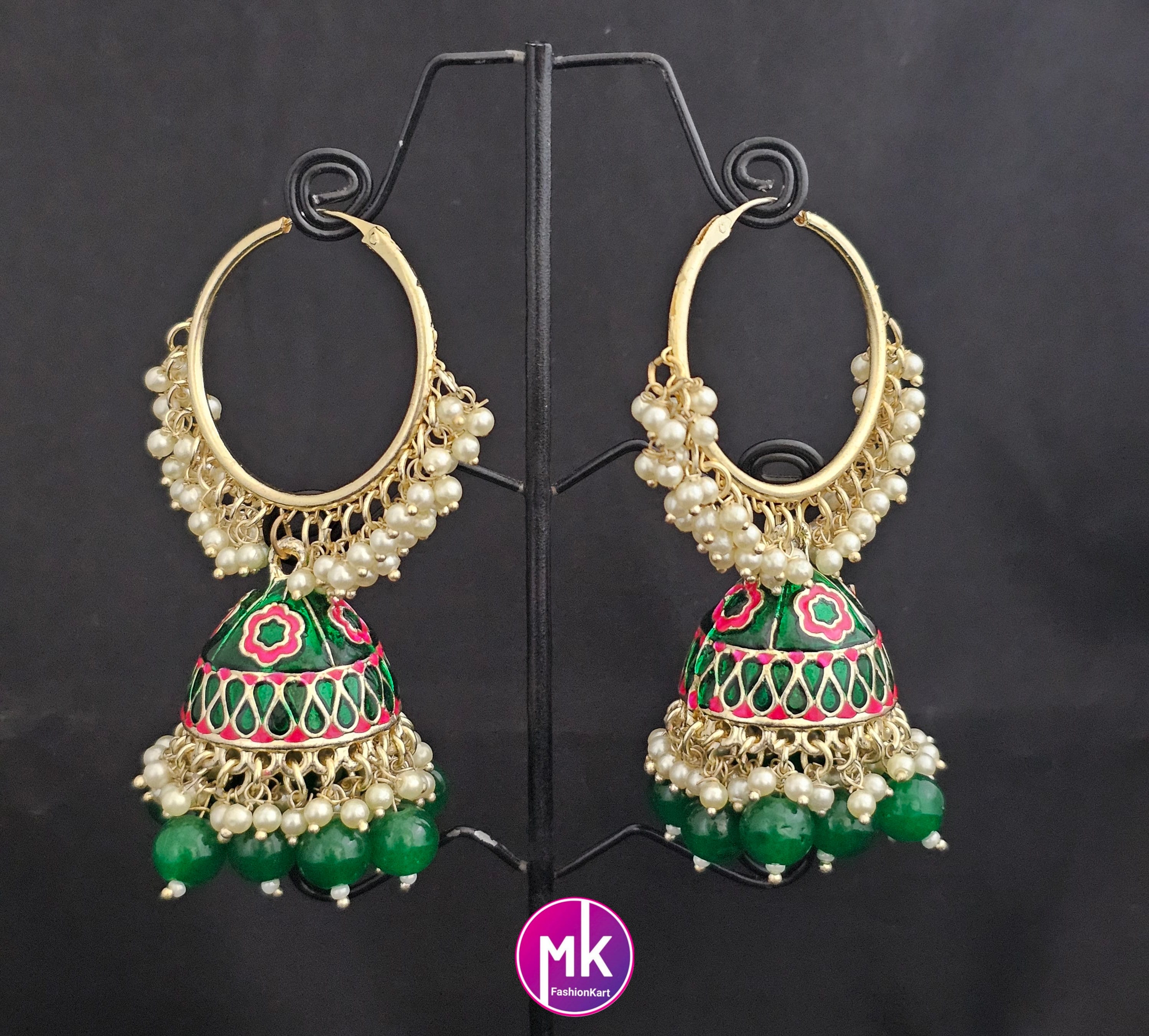 Bollywood Premium quality Big Meenakari Pearl Jhumka with bead hangings