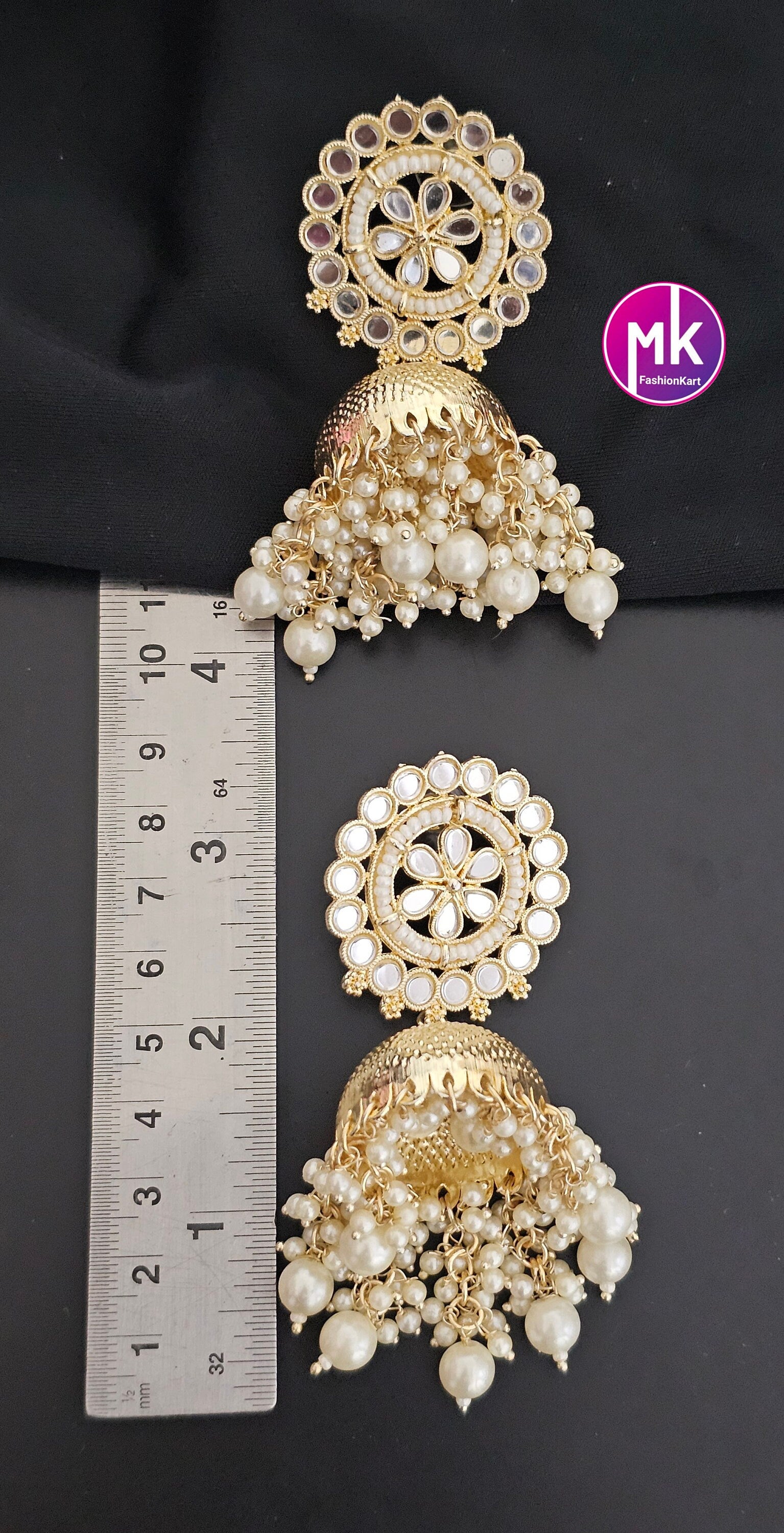 Bollywood Premium quality kundan piroyi Pearl big Jhumka with pearl hangings