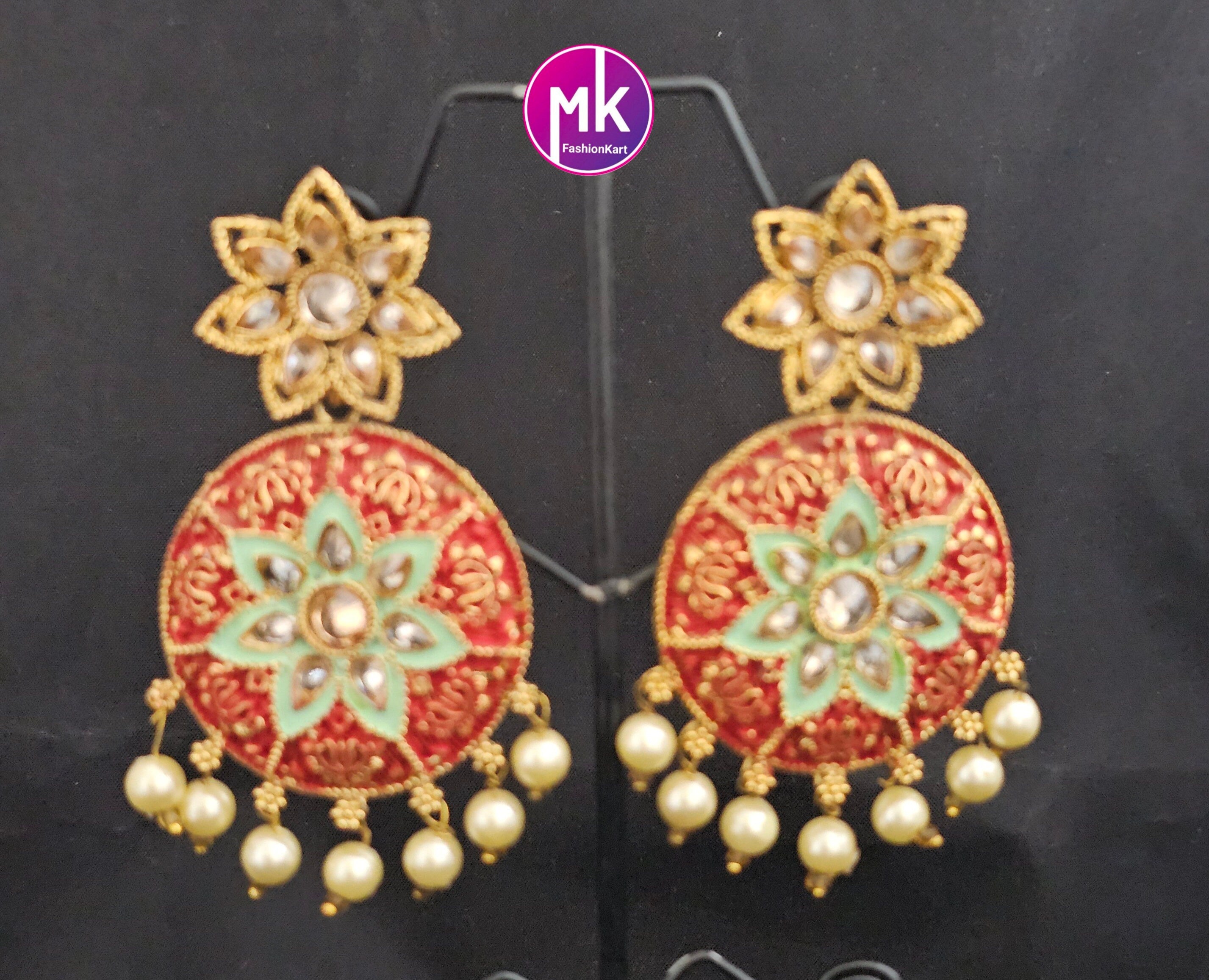 Bollywood Premium Quality Gold finish Meenakari with kundan stone Big Earrings with pearl hangings
