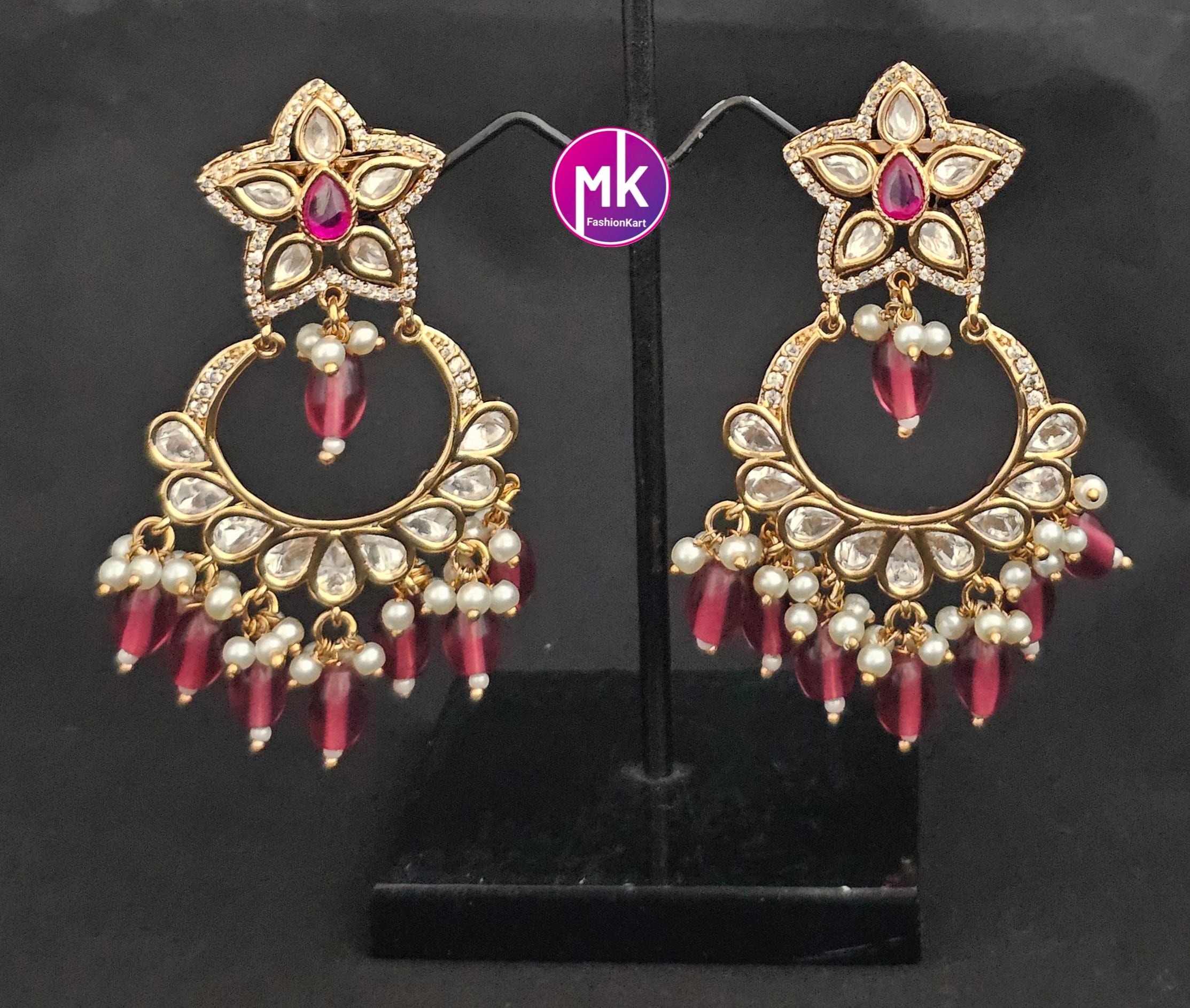 Bollywood Premium Quality Gold polish Kundan Polki Bridal chandbali type Earrings with strawberry bead hangings
