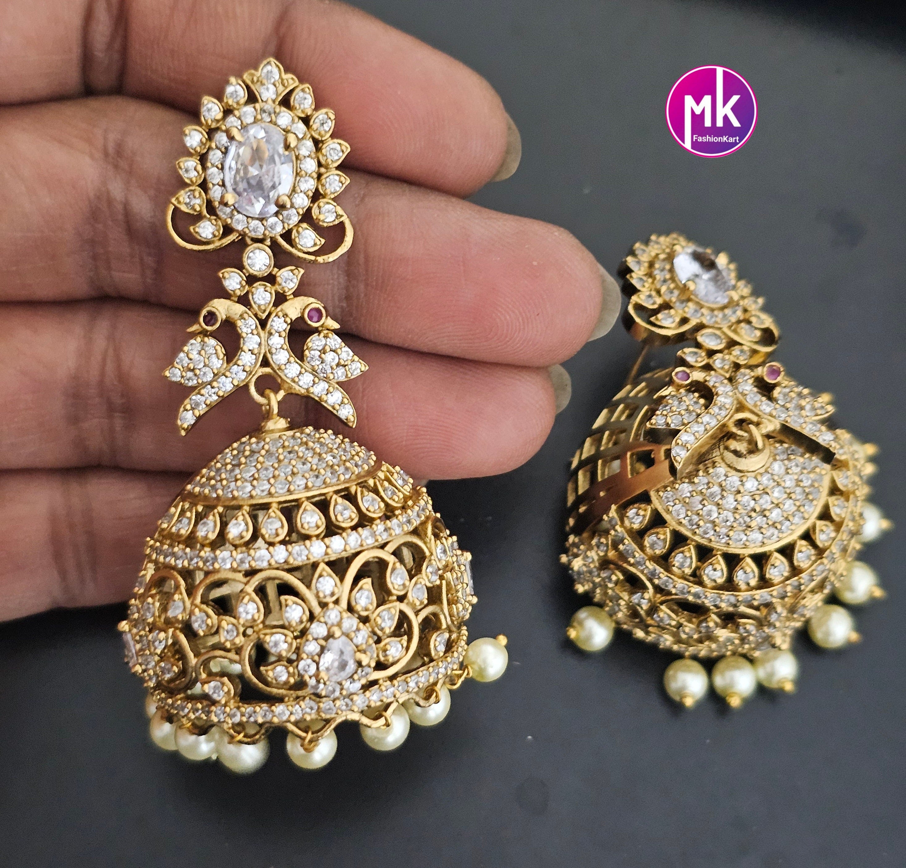 Premium Quality premium polish Big Jhumka with white cz stones and hangings pearls