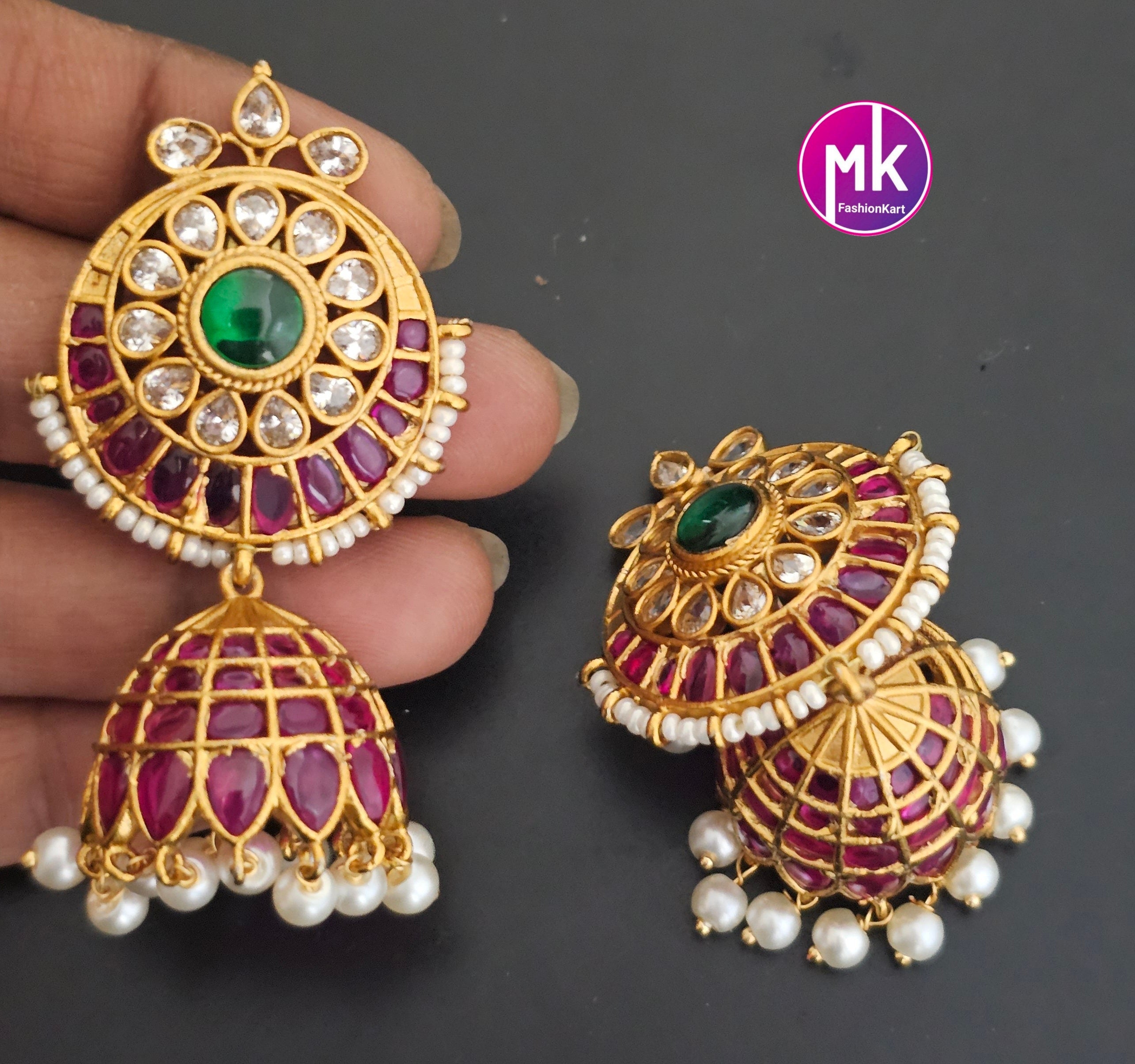 Kemp Stone  Premium Quality premium polish Big Jhumka with piroyi pearl and precious hangings