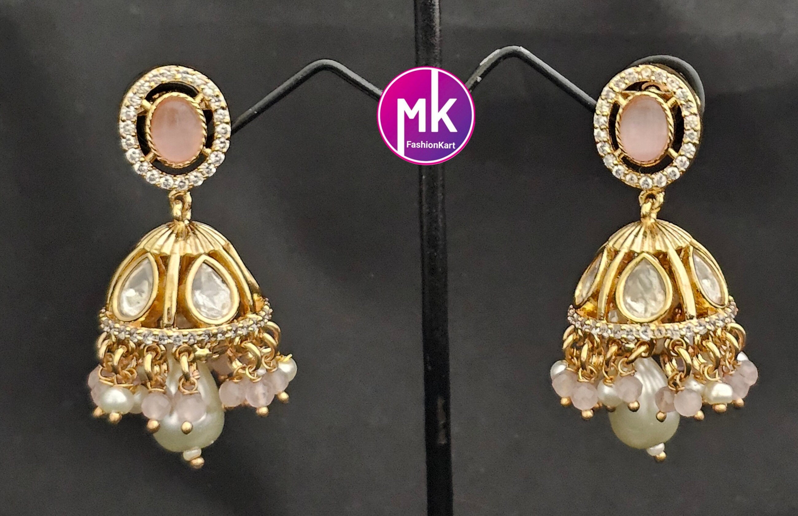 Bollywood Premium Quality Gold polish Kundan Polki Stone Jhumka with semi-precious bead and pearl hangings