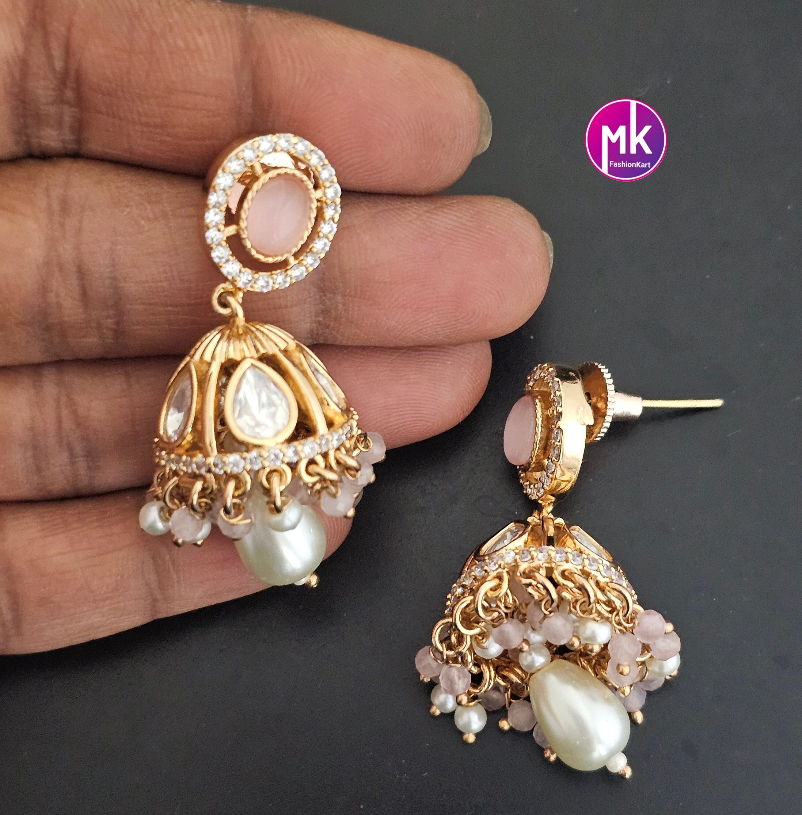 Bollywood Premium Quality Gold polish Kundan Polki Stone Jhumka with semi-precious bead and pearl hangings