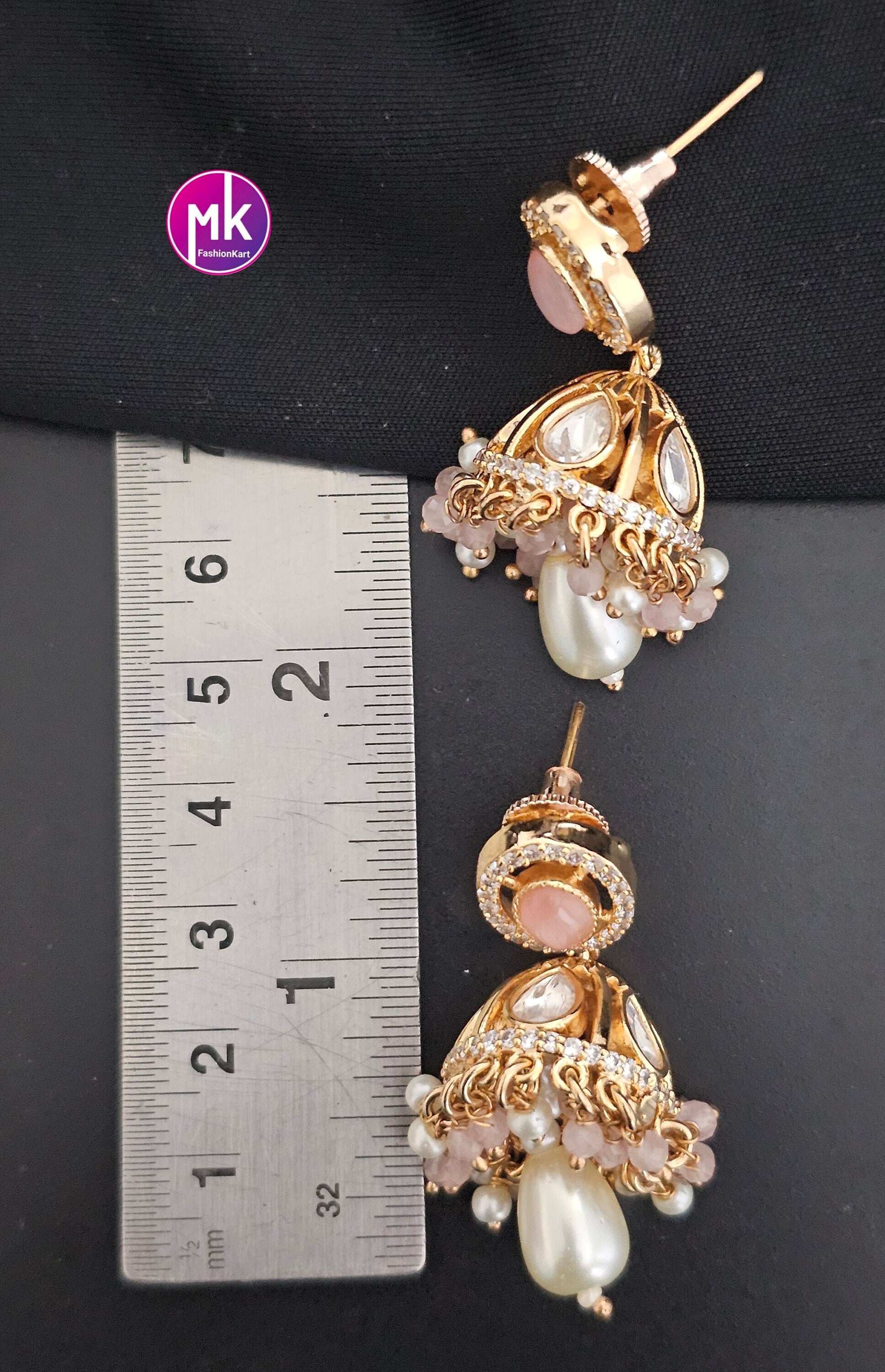 Bollywood Premium Quality Gold polish Kundan Polki Stone Jhumka with semi-precious bead and pearl hangings