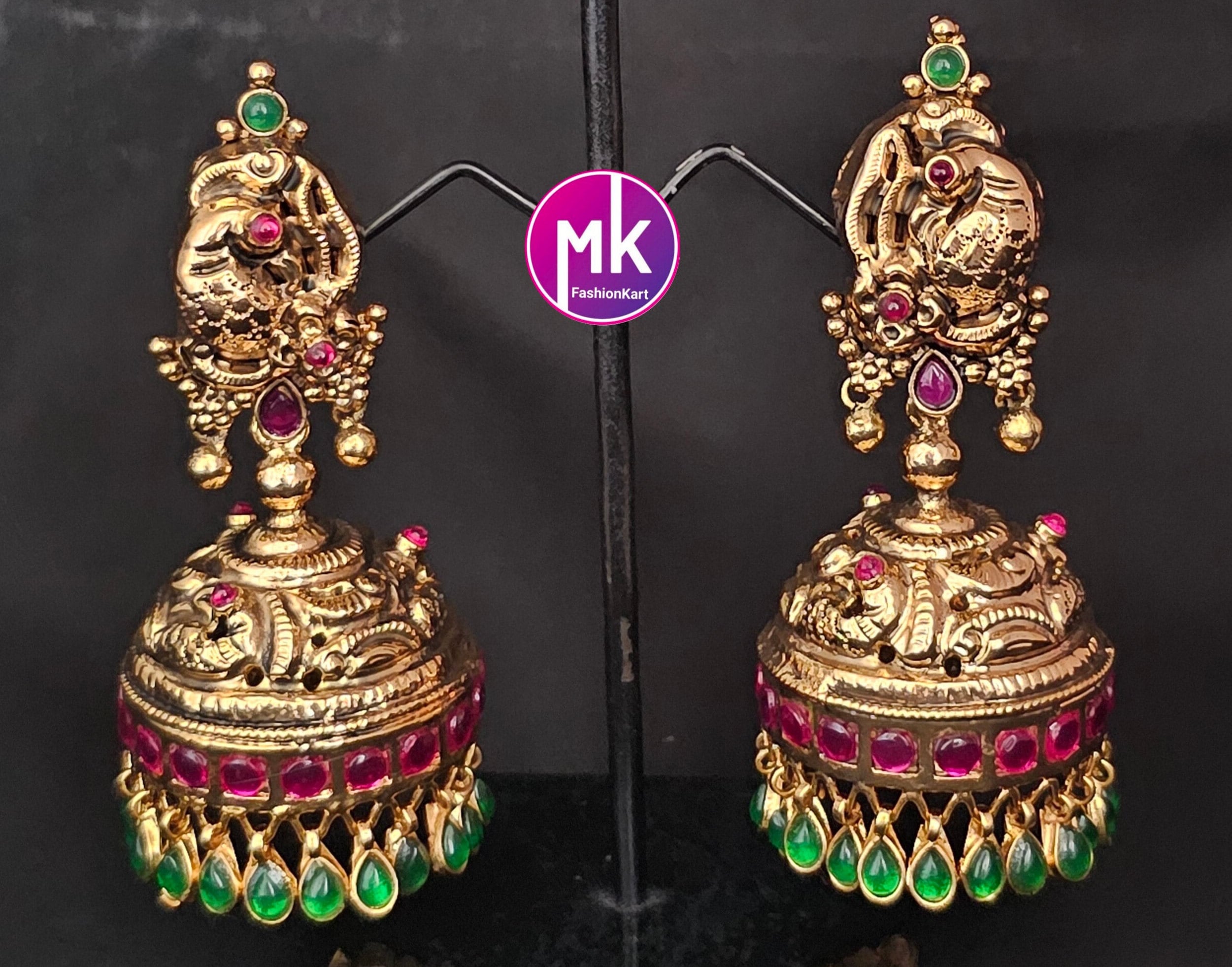 PS 2 style Kemp stone peacock design Premium Quality premium polish Big Jhumka with hanging green stones
