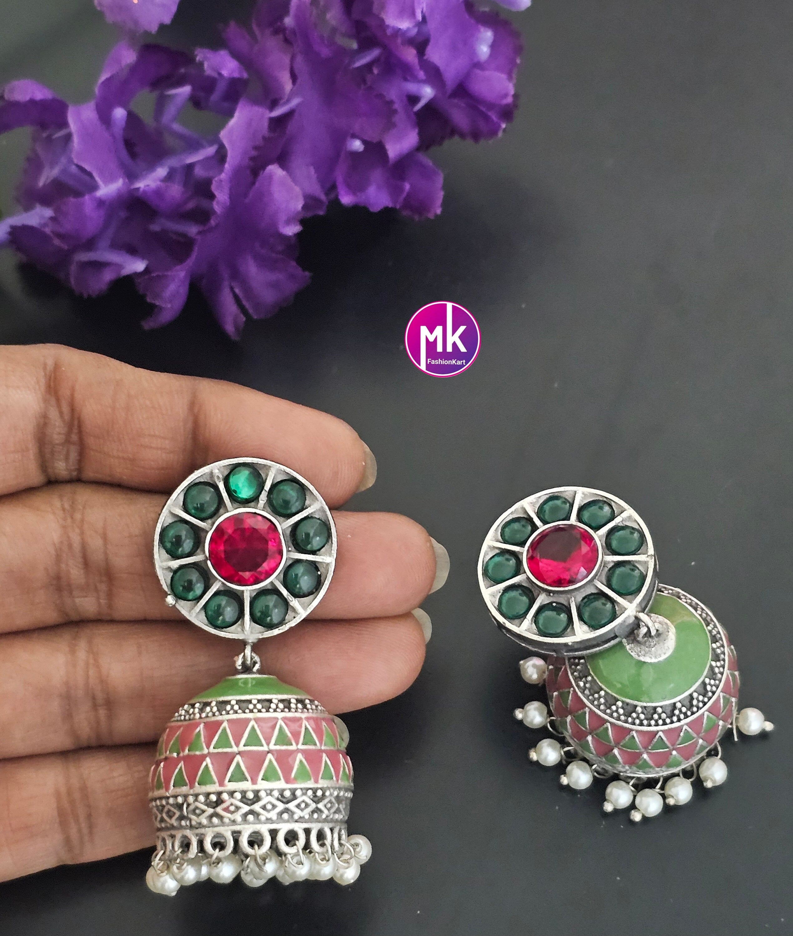 Premium Quality Multi-color German Silver Jhumka with AD stones and hanging white pearls