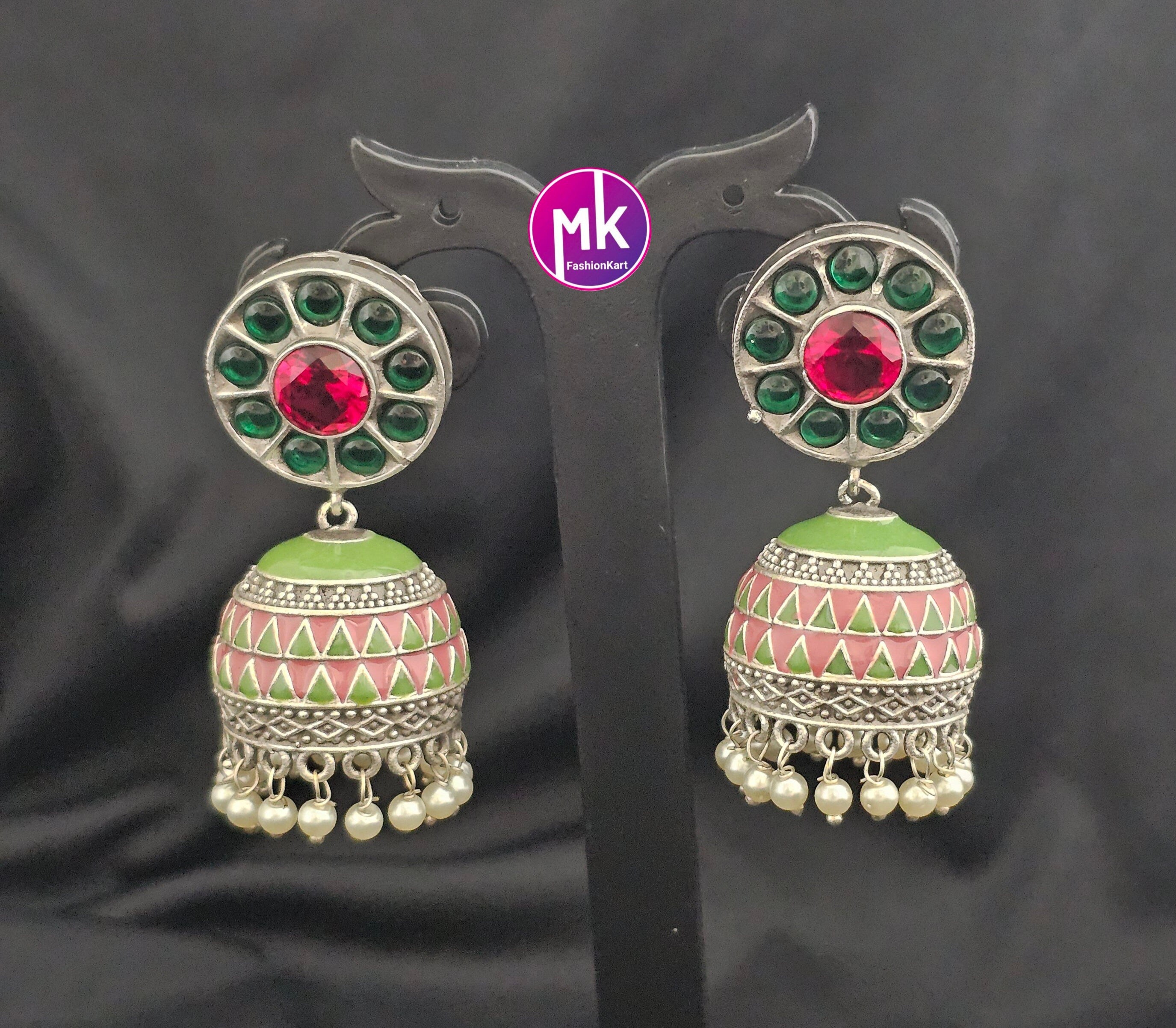 Premium Quality Multi-color German Silver Jhumka with AD stones and hanging white pearls