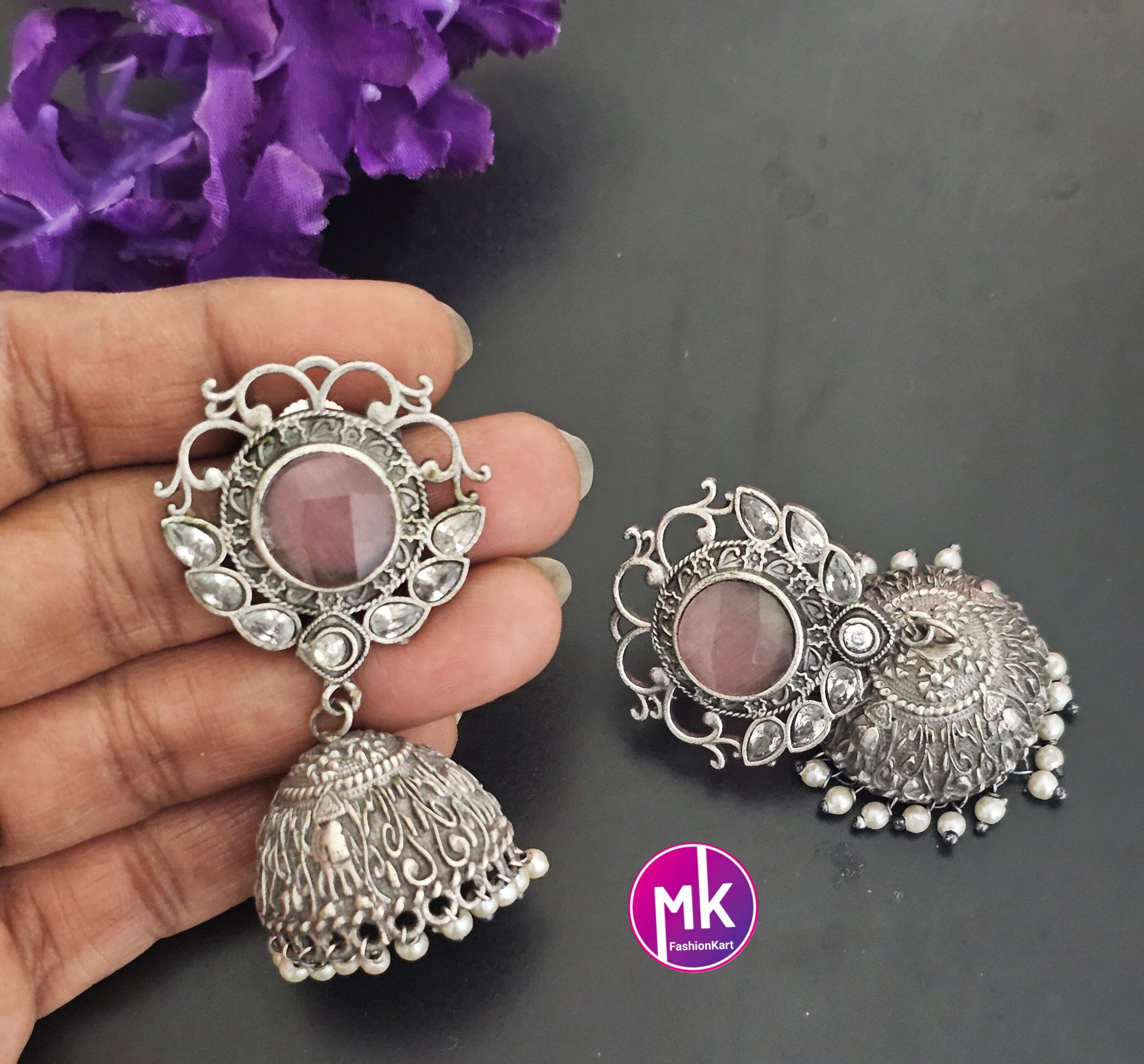 Premium Quality baby pink German Silver Jhumka with hanging white pearls