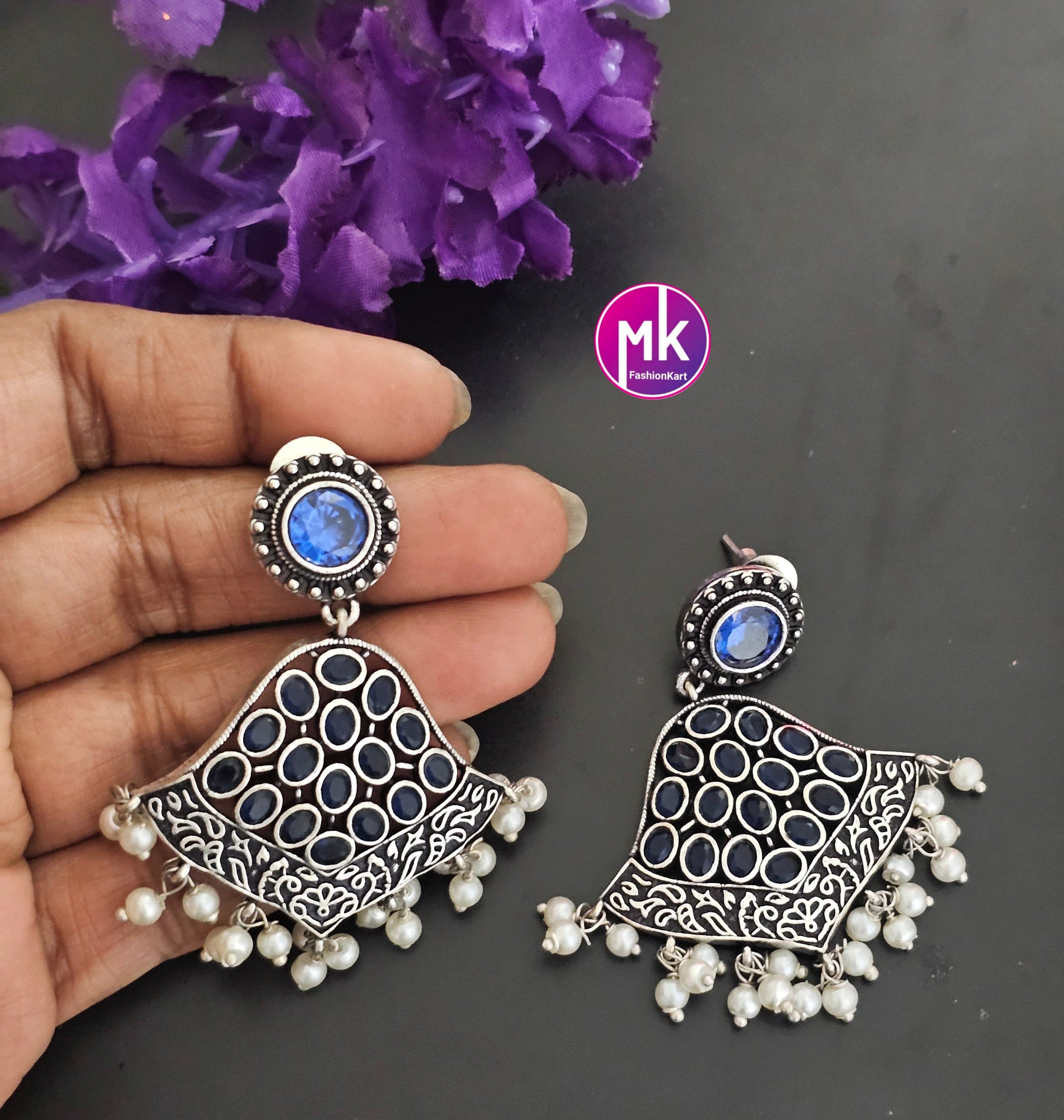 Silver Oxidized Blue stone Earrings with hanging white pearls