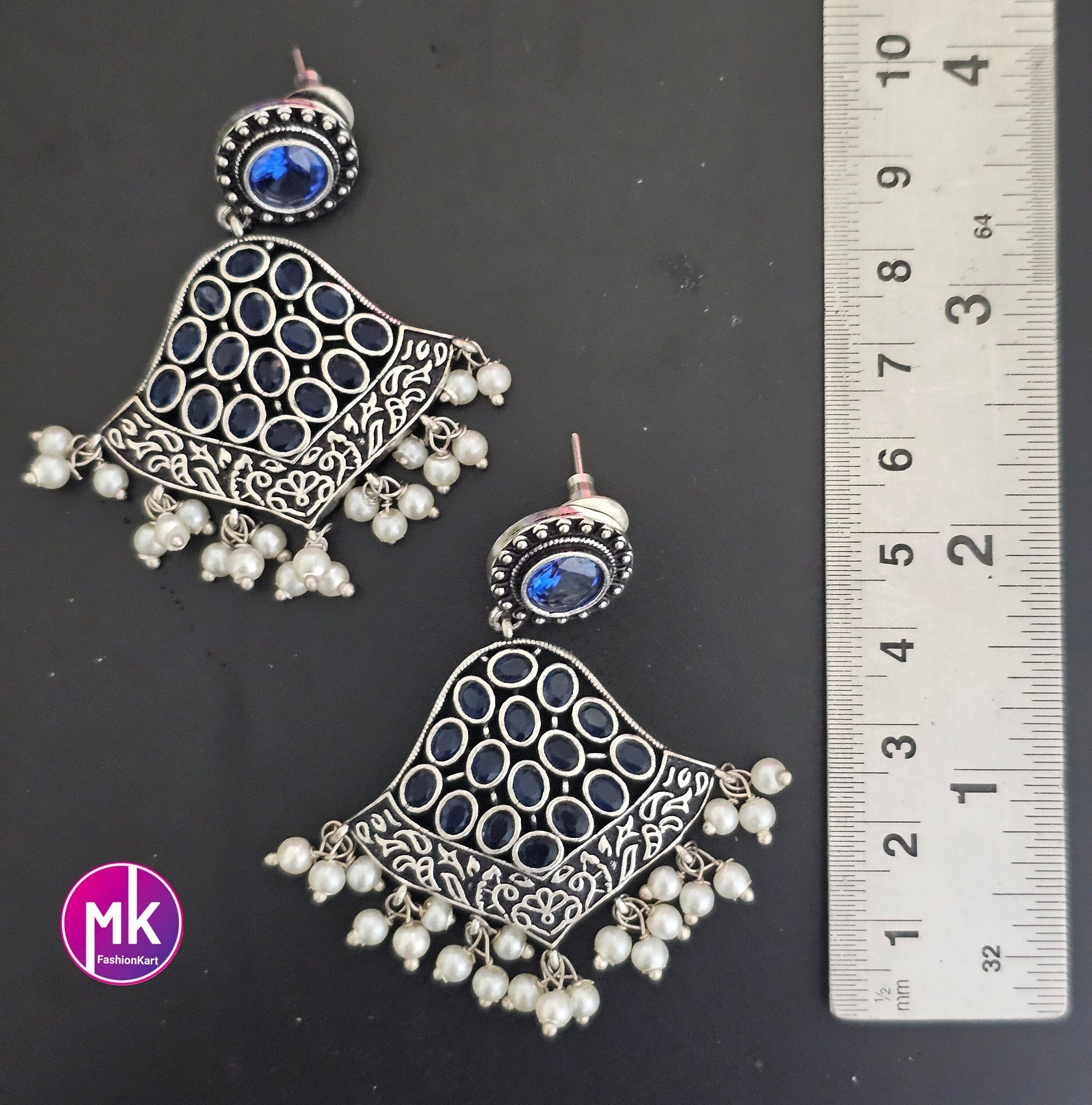 Silver Oxidized Blue stone Earrings with hanging white pearls