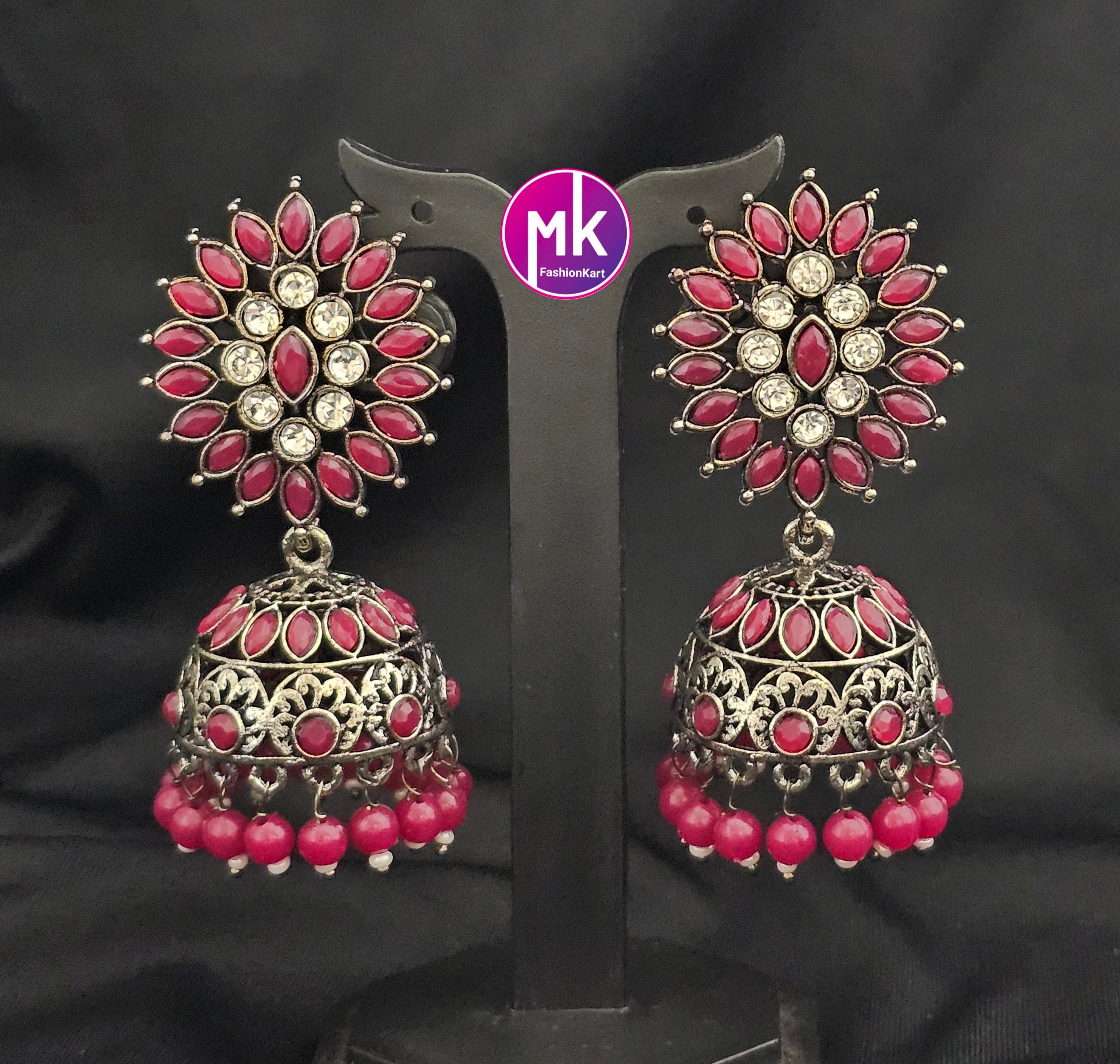 Silver Oxidized Dark pink with white stones Jhumka and hanging pink beads