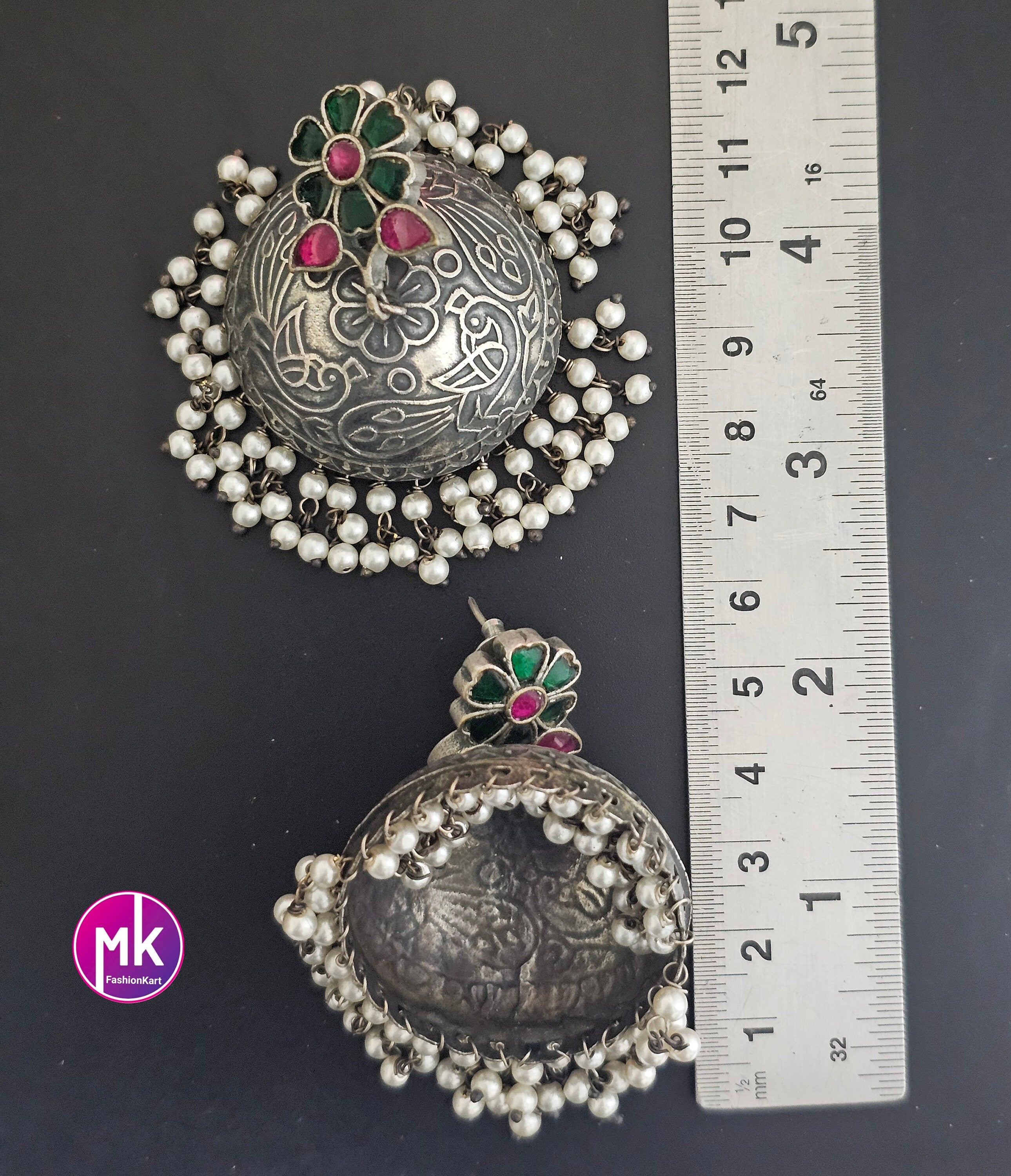 Premium Quality Flower design German Silver Big Jhumka with hanging white pearls