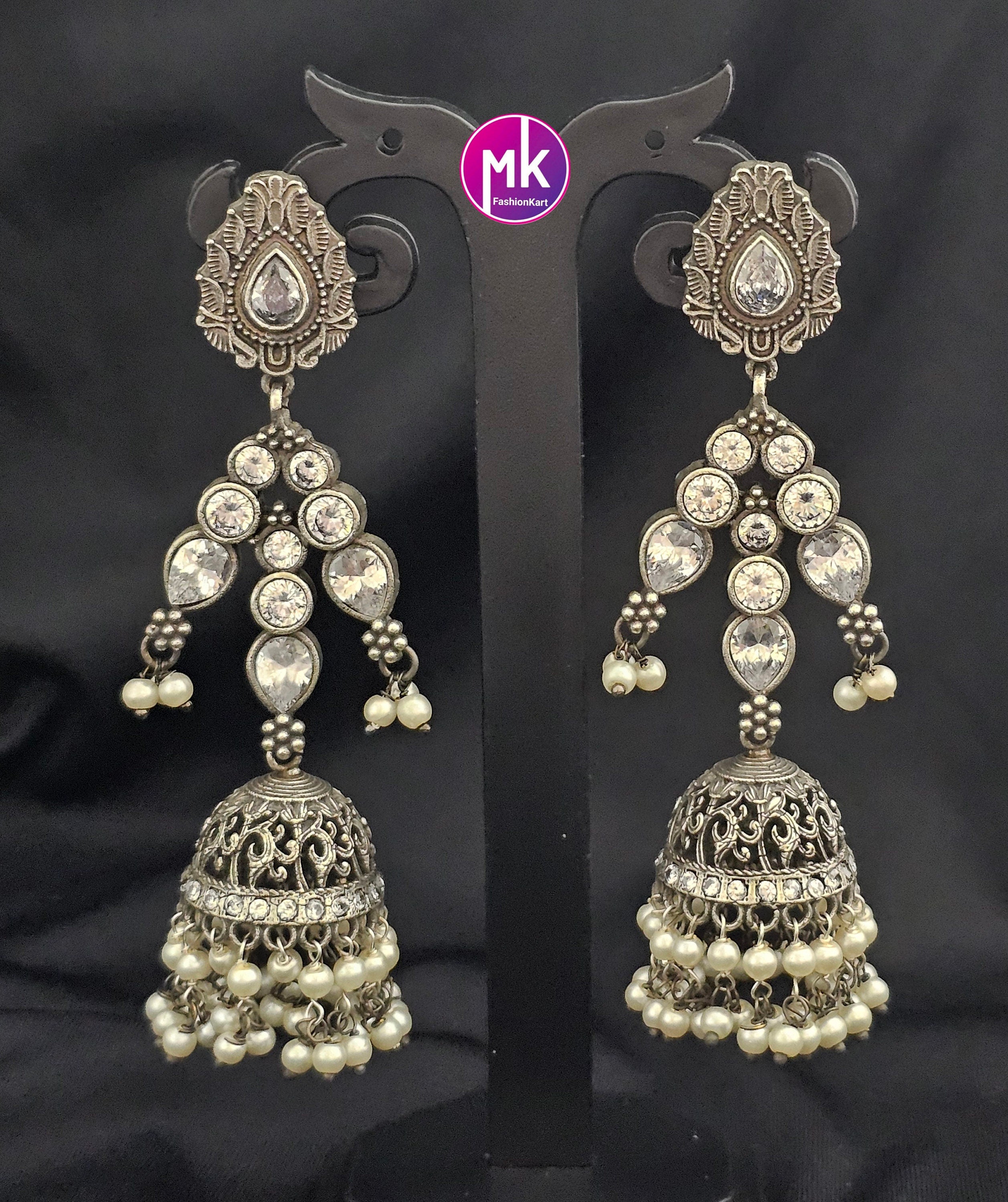 Premium Quality White stone German Silver lengthy Jhumka with hanging white pearls