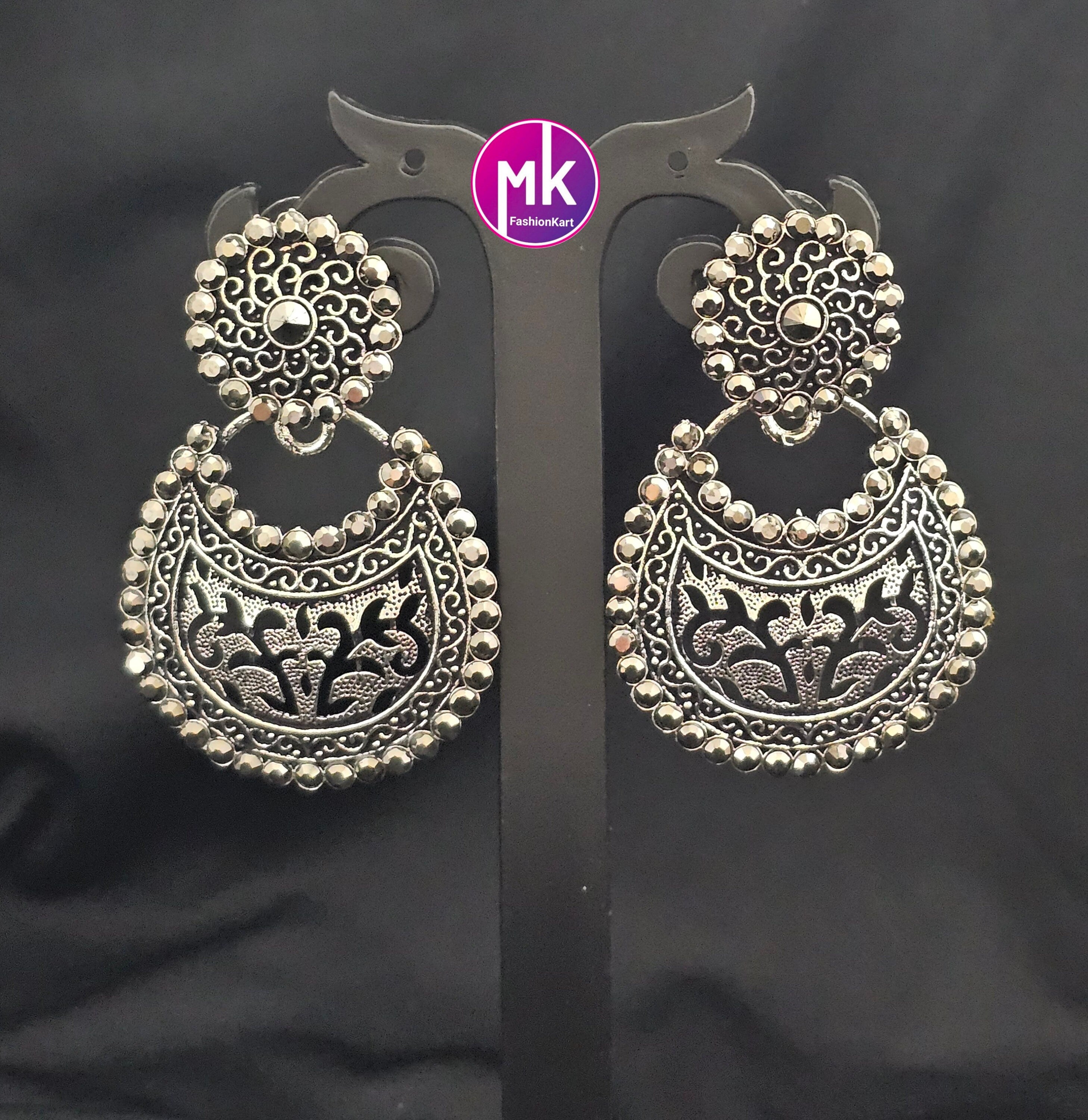 Silver Oxidized Chandbali type Earrings with Silver Stones
