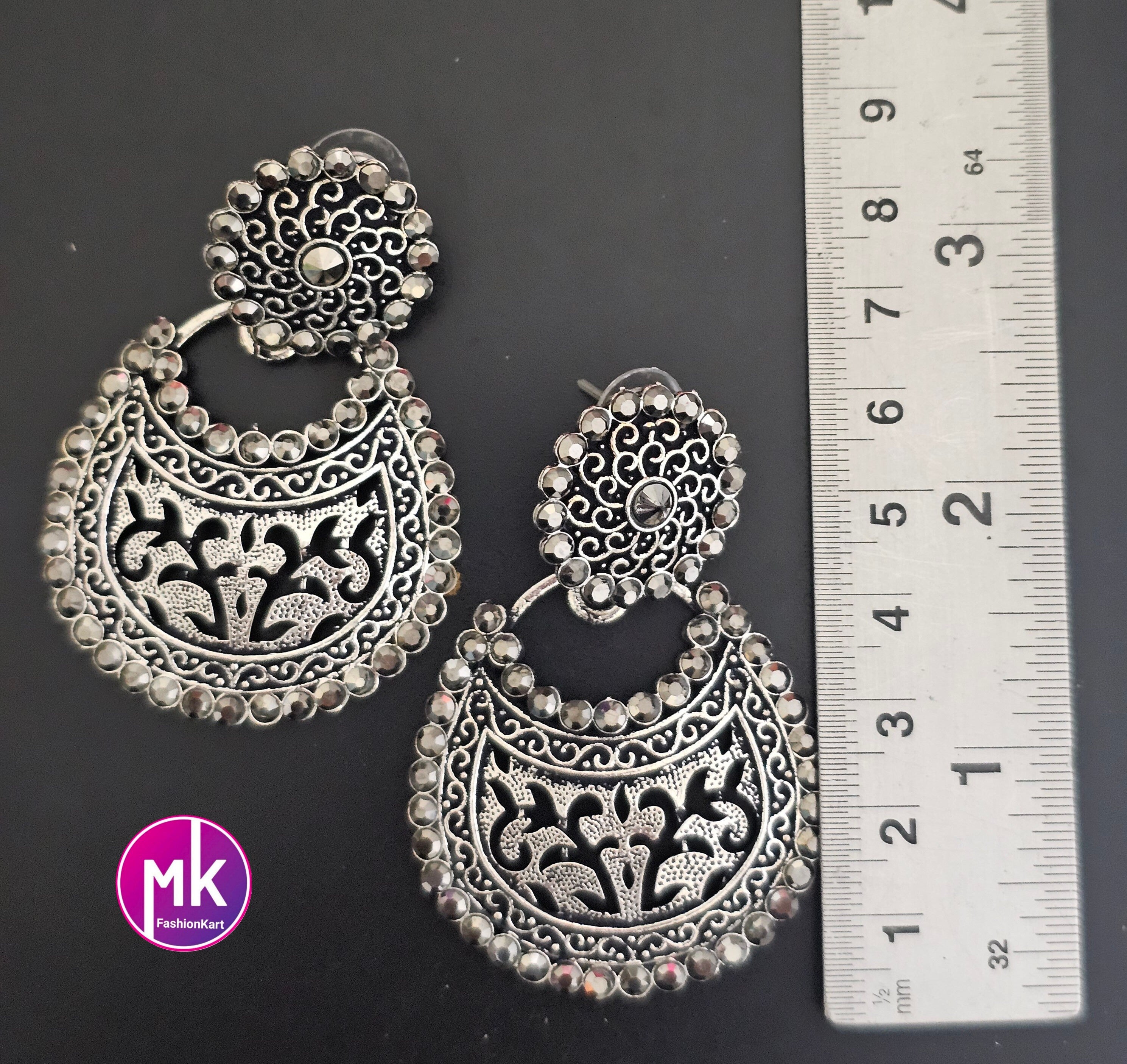Silver Oxidized Chandbali type Earrings with Silver Stones