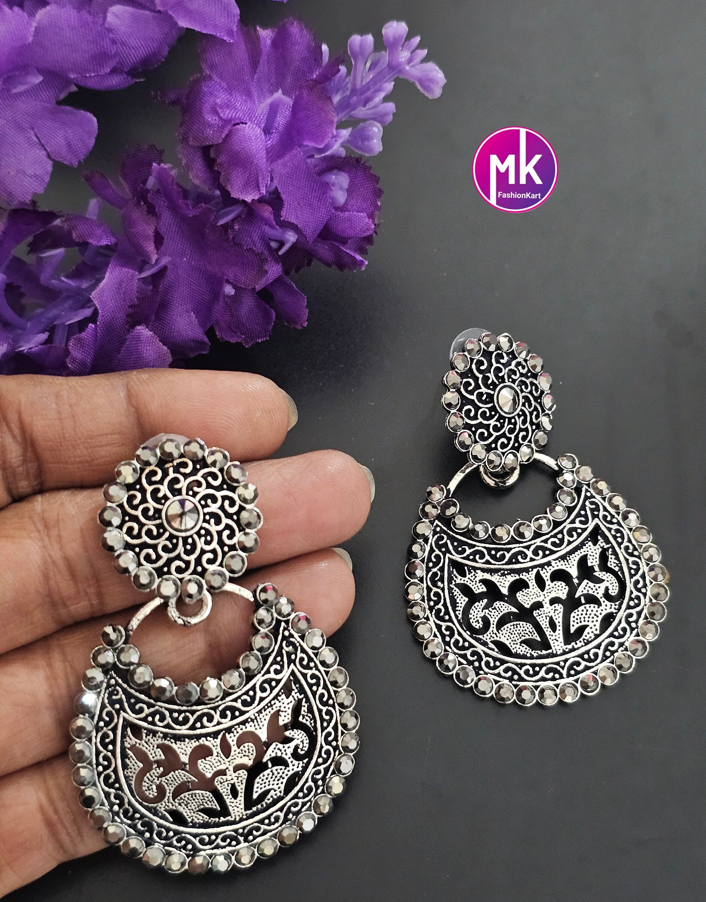Silver Oxidized Chandbali type Earrings with Silver Stones