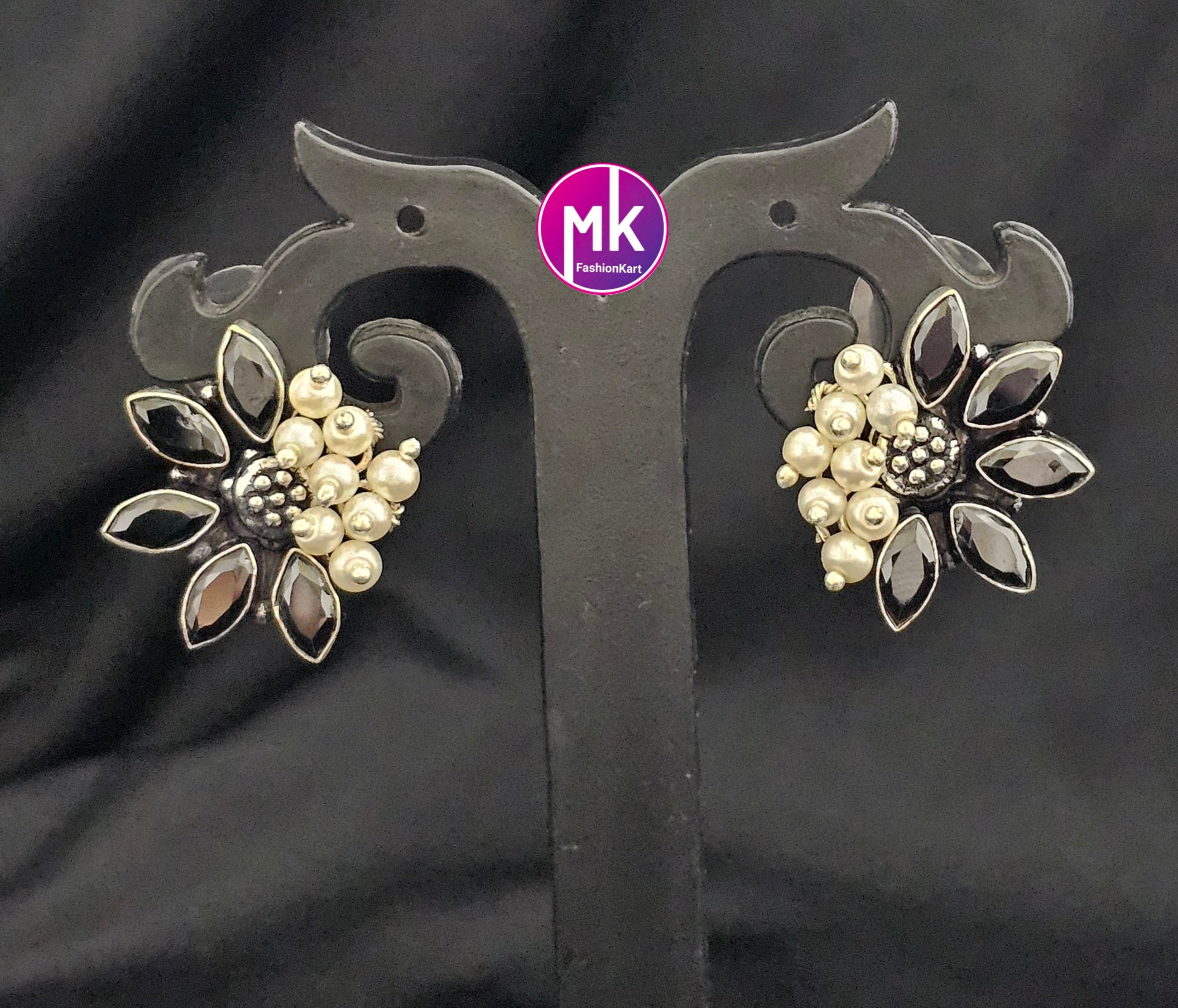 Silver Oxidized Black stones Earrings with white pearls