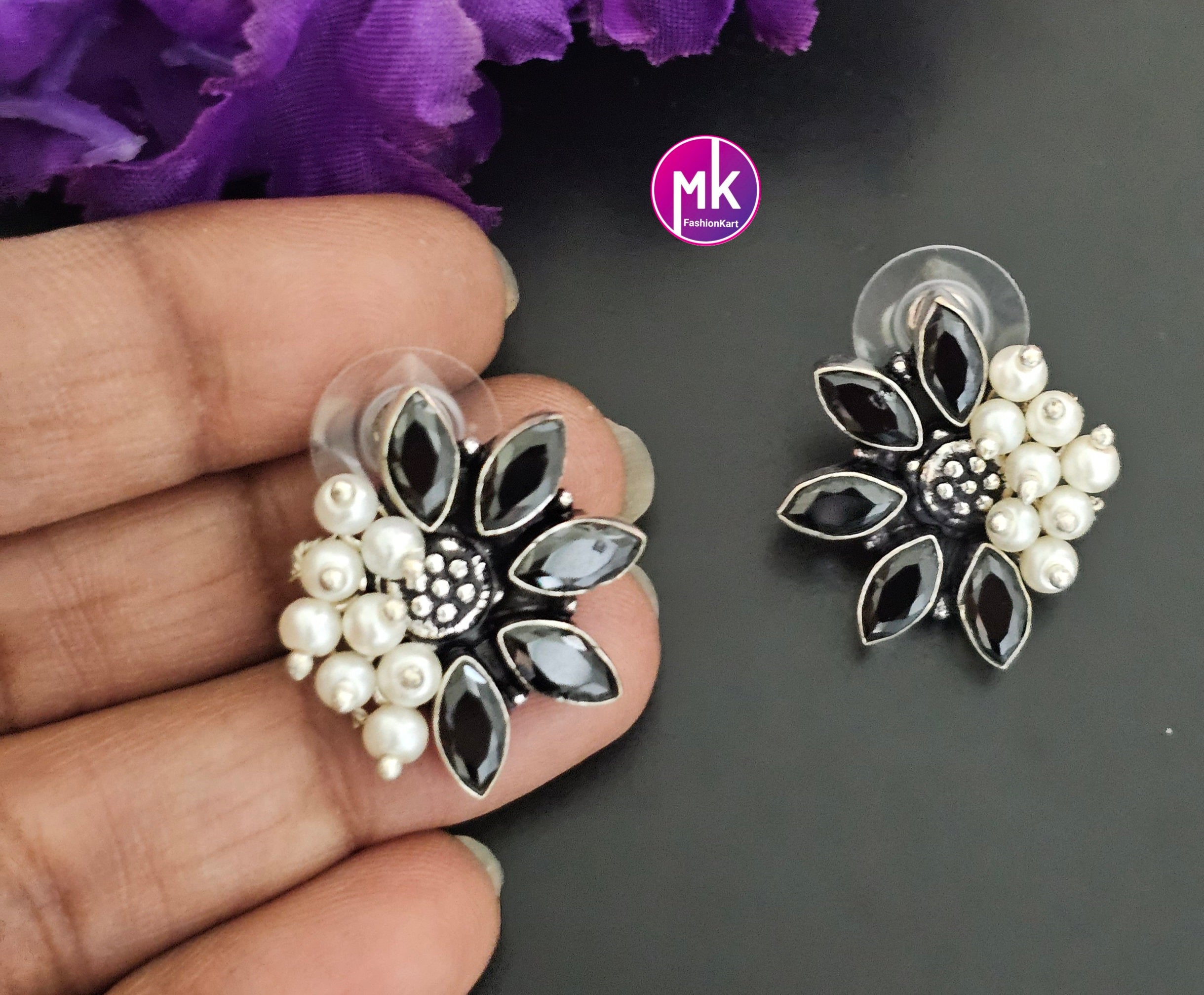 Silver Oxidized Black stones Earrings with white pearls