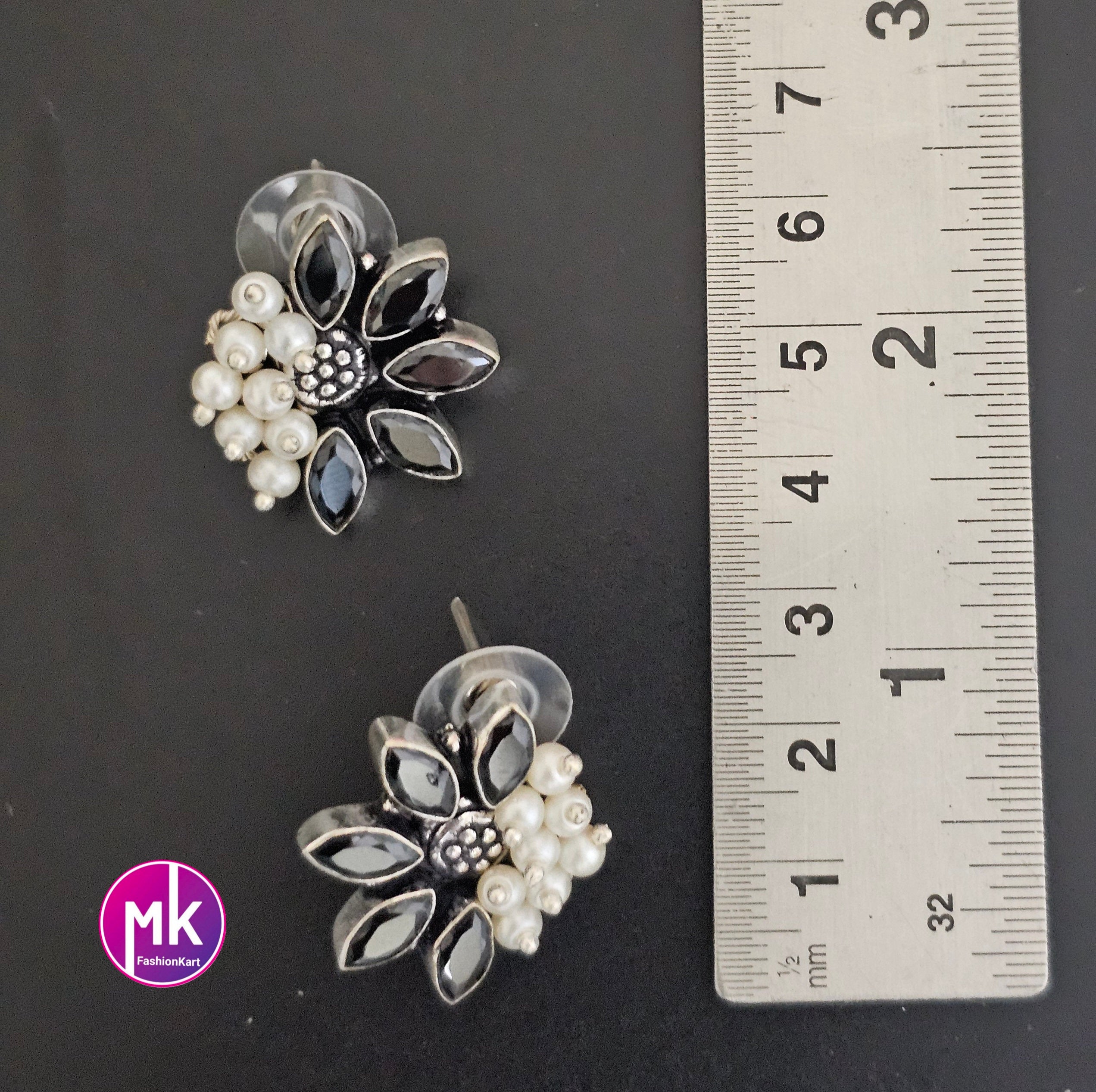 Silver Oxidized Black stones Earrings with white pearls