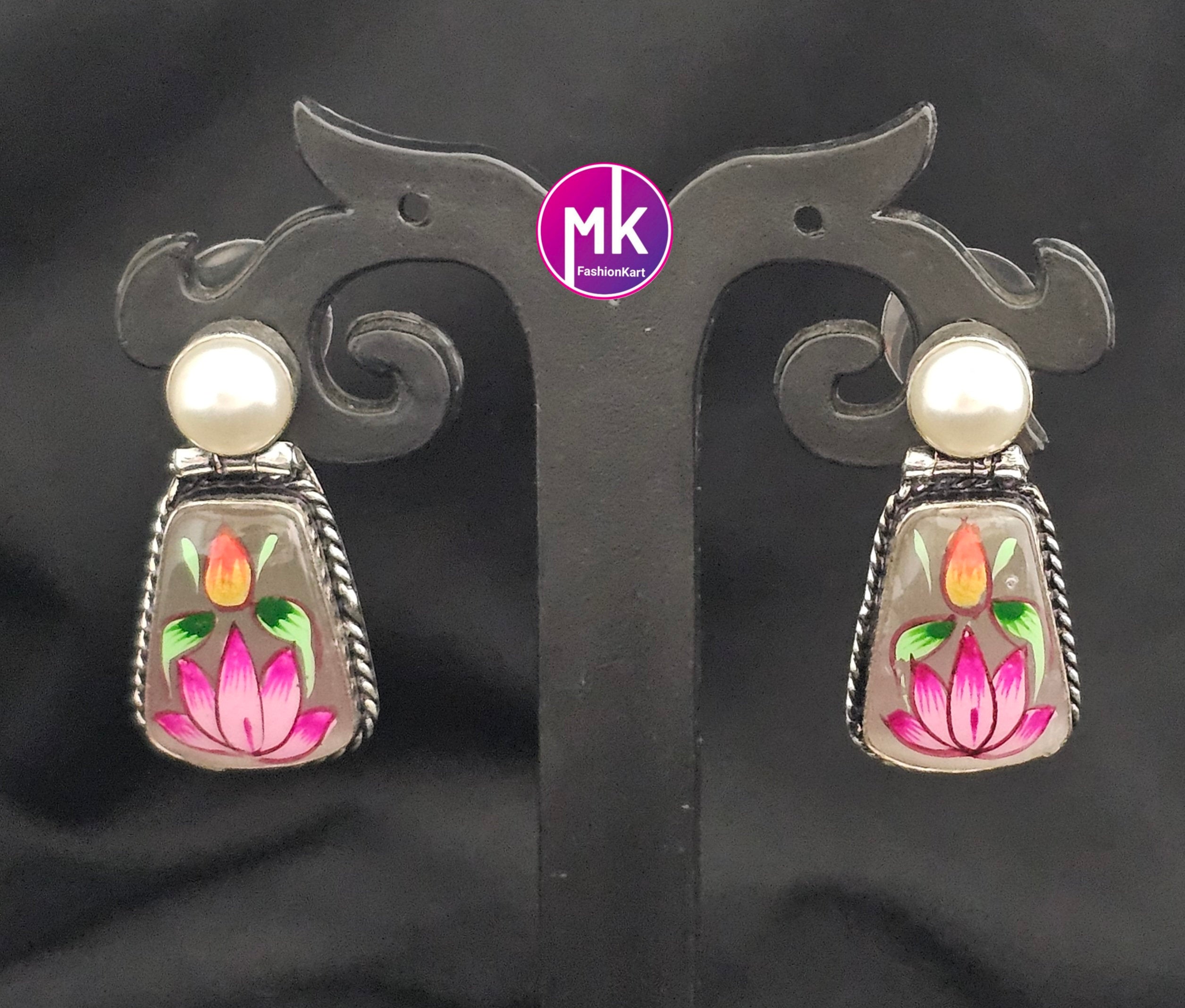 Silver Oxidized Floral design Earrings with white pearl