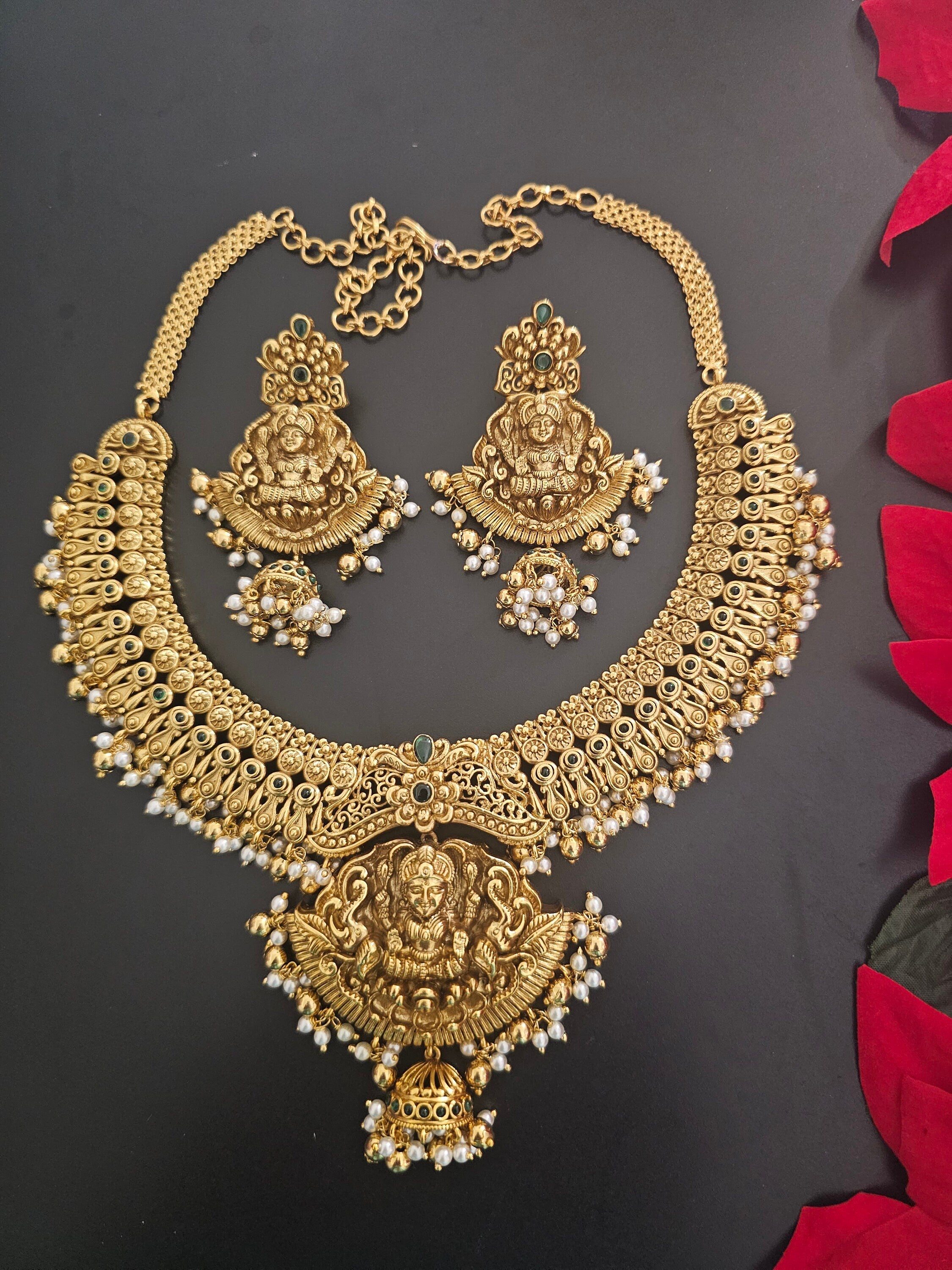 Bridal Lakshmi Premium quality Kemp stone - Gold Jewelry Replica - Necklace with Big Earrings