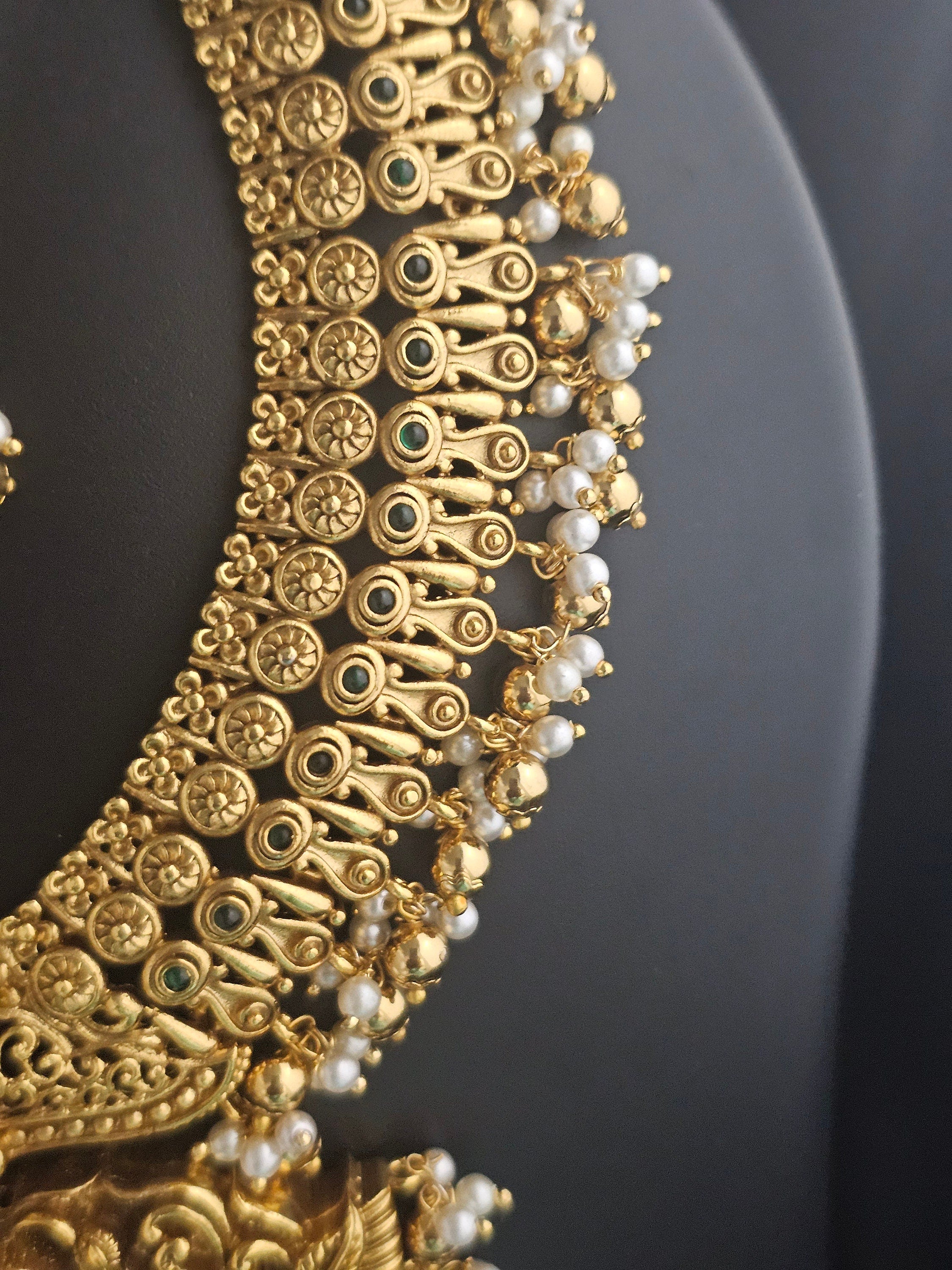 Bridal Lakshmi Premium quality Kemp stone - Gold Jewelry Replica - Necklace with Big Earrings