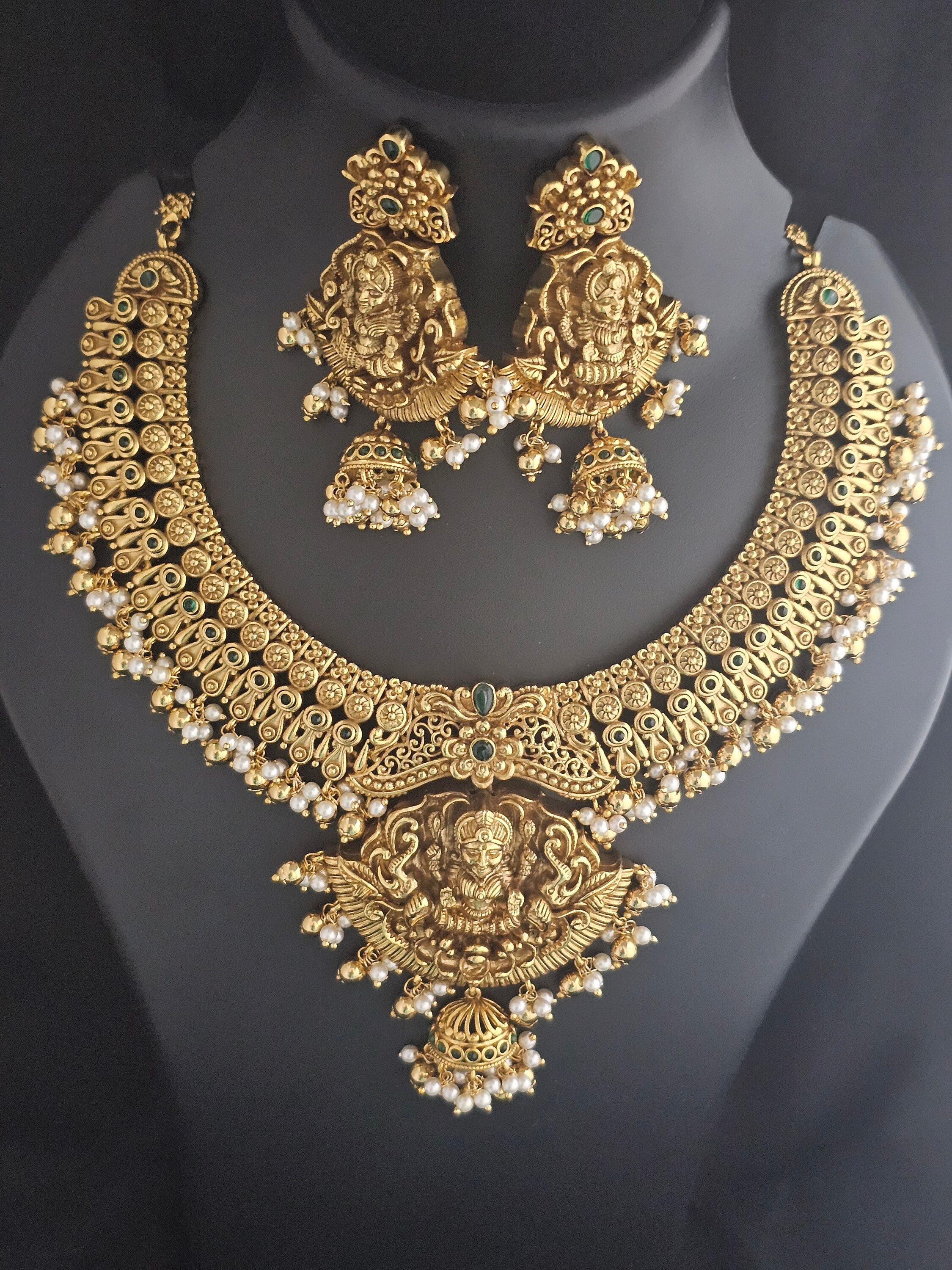 Bridal Lakshmi Premium quality Kemp stone - Gold Jewelry Replica - Necklace with Big Earrings