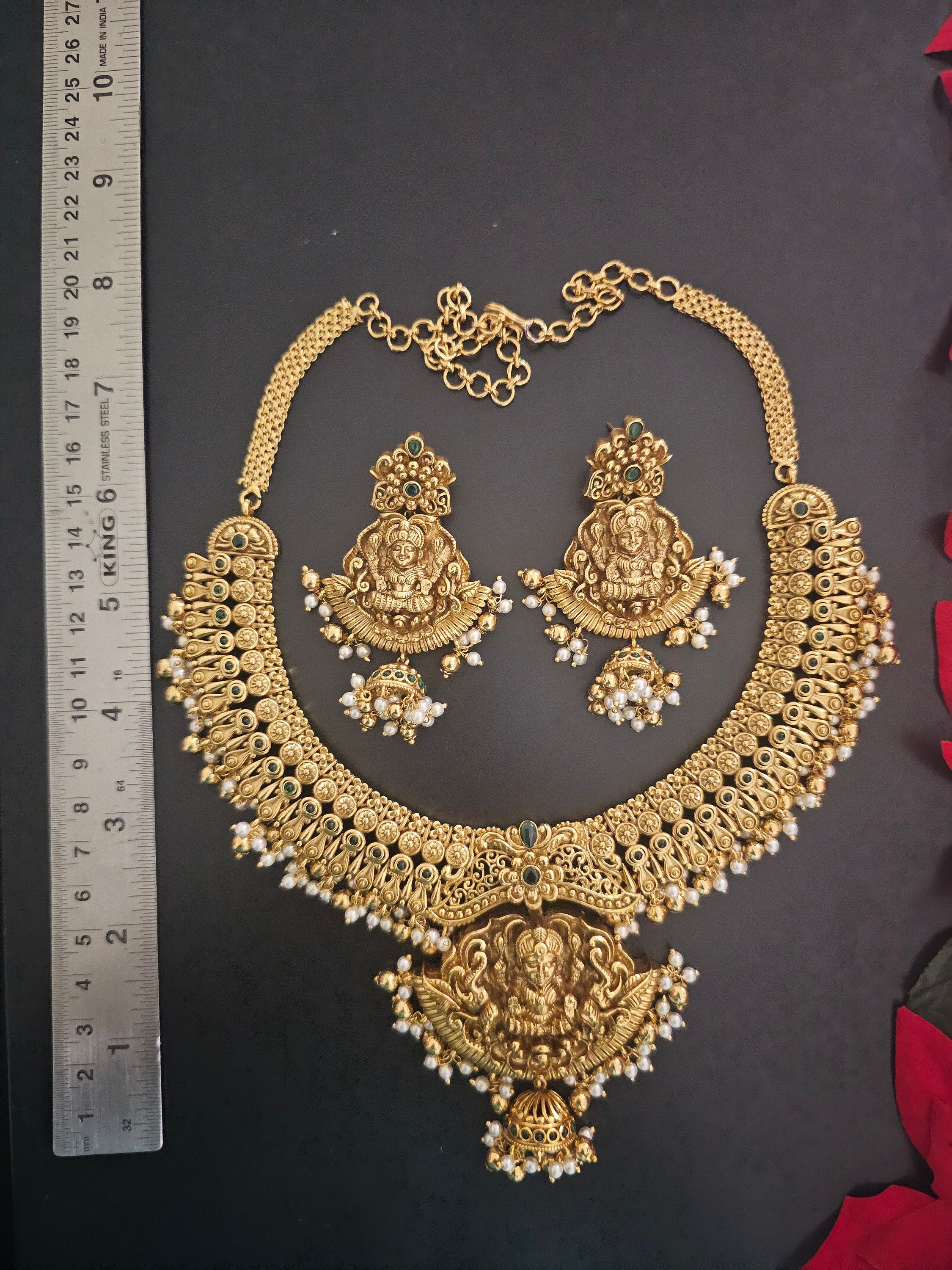 Bridal Lakshmi Premium quality Kemp stone - Gold Jewelry Replica - Necklace with Big Earrings