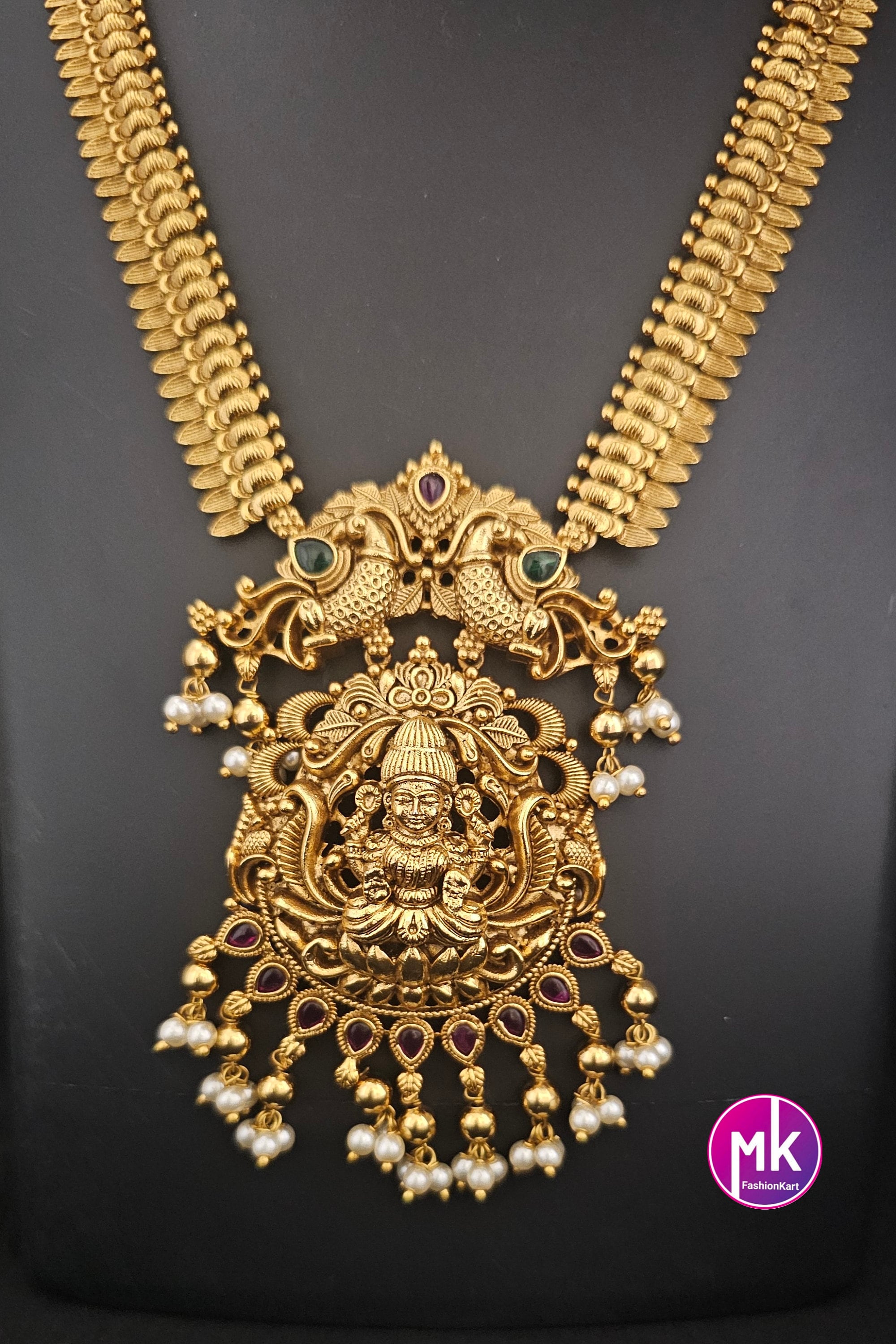 Lakshmi Peacock design Premium quality Gold Jewelry Replica Haram with big pendent with matching Big Jhumka - Bridal Haram